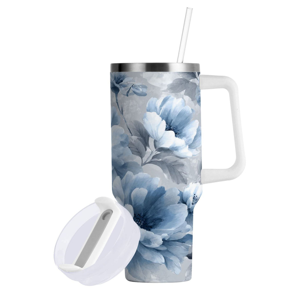 40 oz Insulated Stainless Steel Tumbler Double Wall Stainless Steel Tumbler with 2-Way Drinking White Floral Pattern C584J