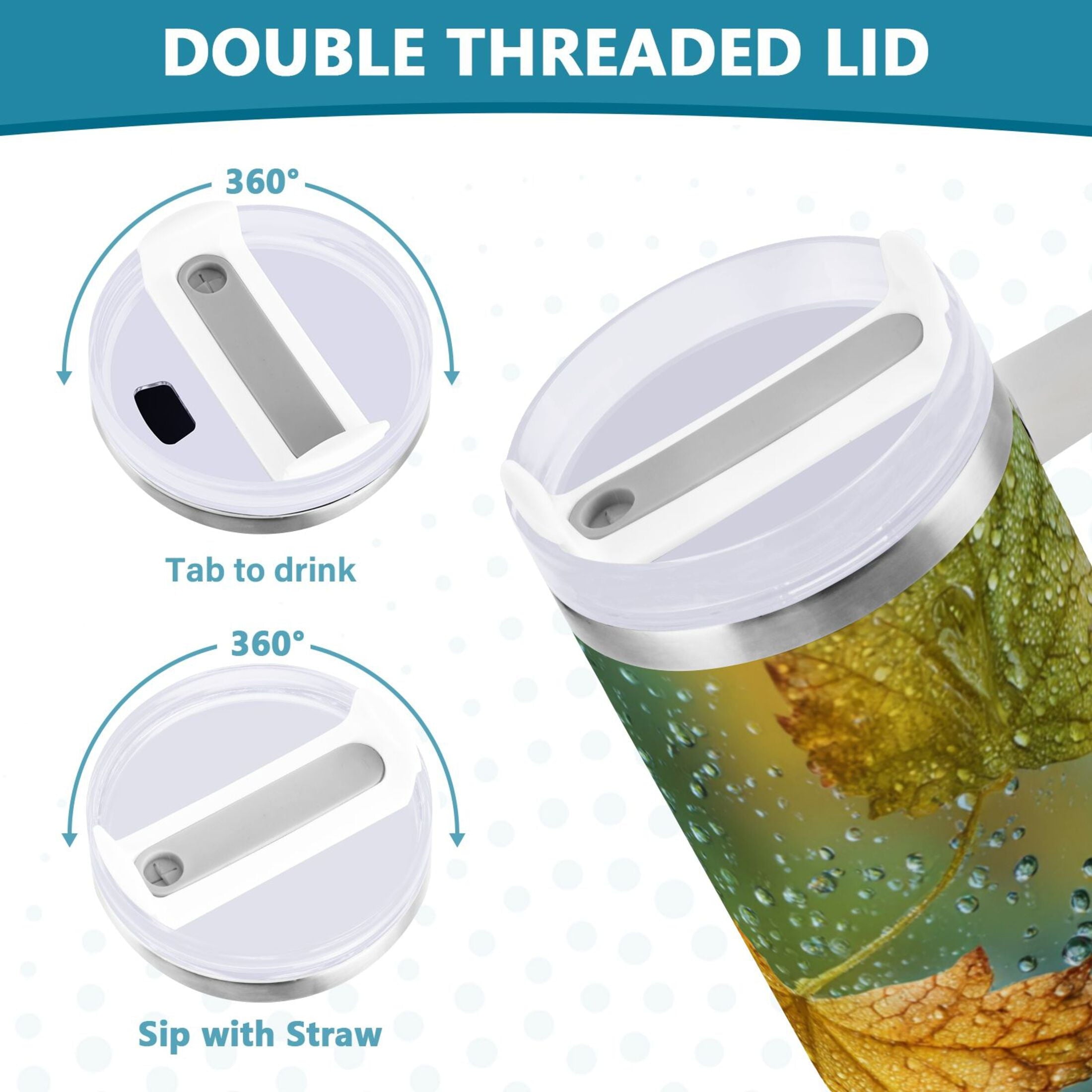 30 oz Insulated Stainless Steel Tumbler Double Wall Stainless Steel Tumbler with 2-Way Drinking Leaves with Water Droplets C500K