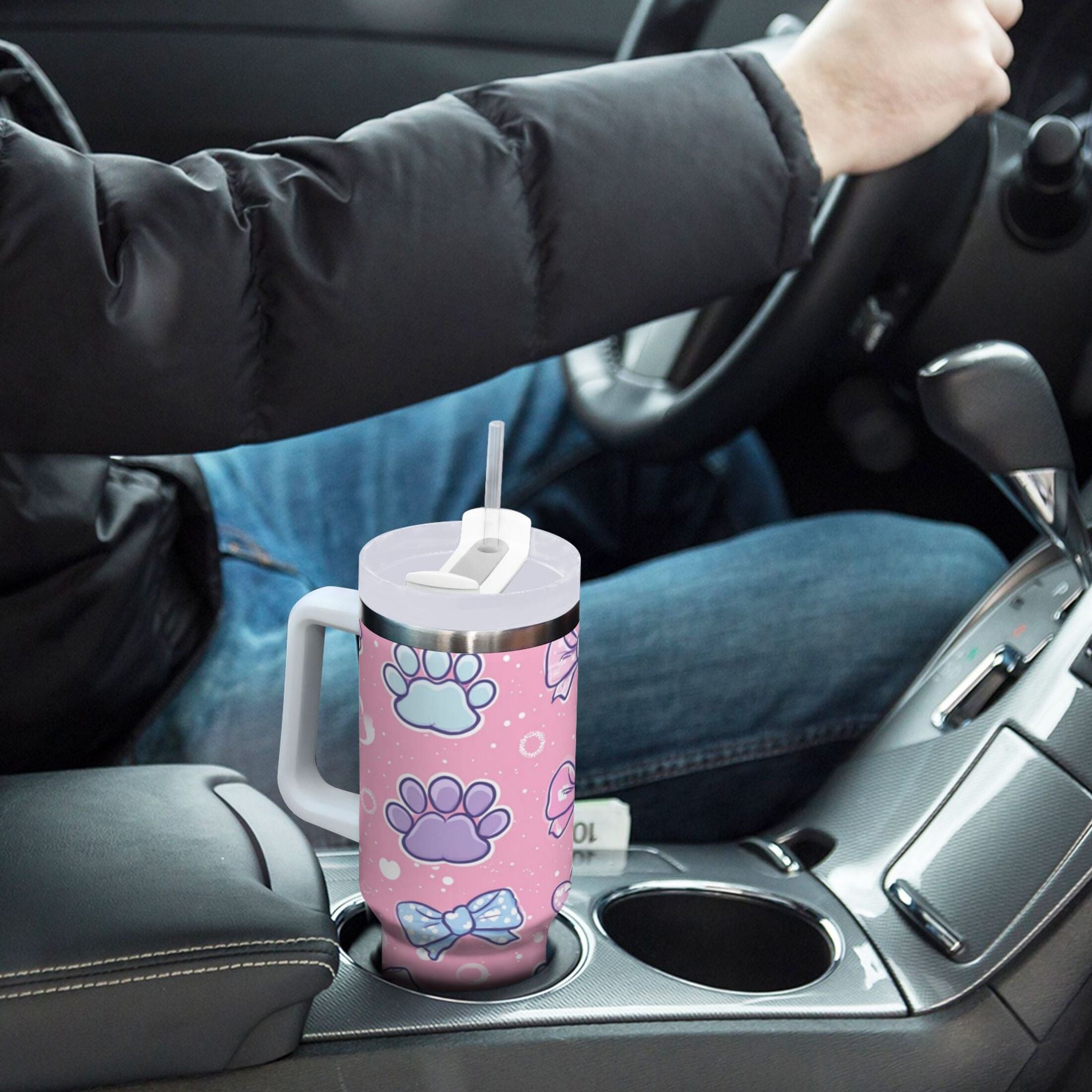 30 oz Insulated Stainless Steel Tumbler Double Wall Stainless Steel Tumbler with 2-Way Drinking Dog Paw Prints and Bows C648N