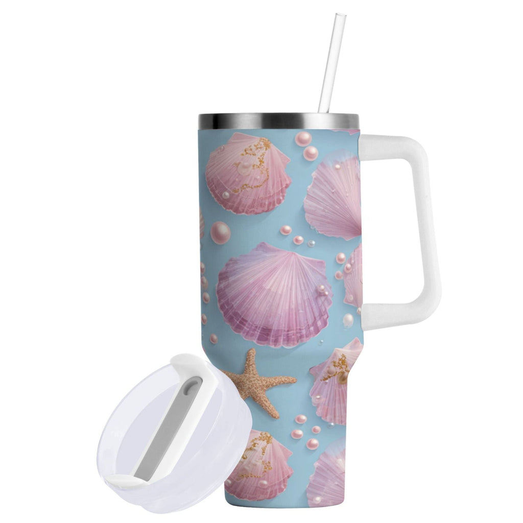 40 oz Insulated Stainless Steel Tumbler Double Wall Stainless Steel Tumbler with 2-Way Drinking Seashells and Pearls Pattern C569X