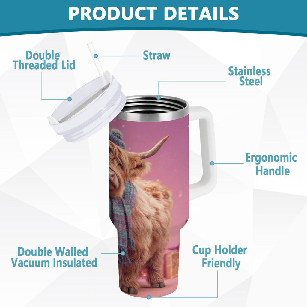 30 oz Insulated Stainless Steel Tumbler Double Wall Stainless Steel Tumbler with 2-Way Drinking Cow Wearing Christmas C626V