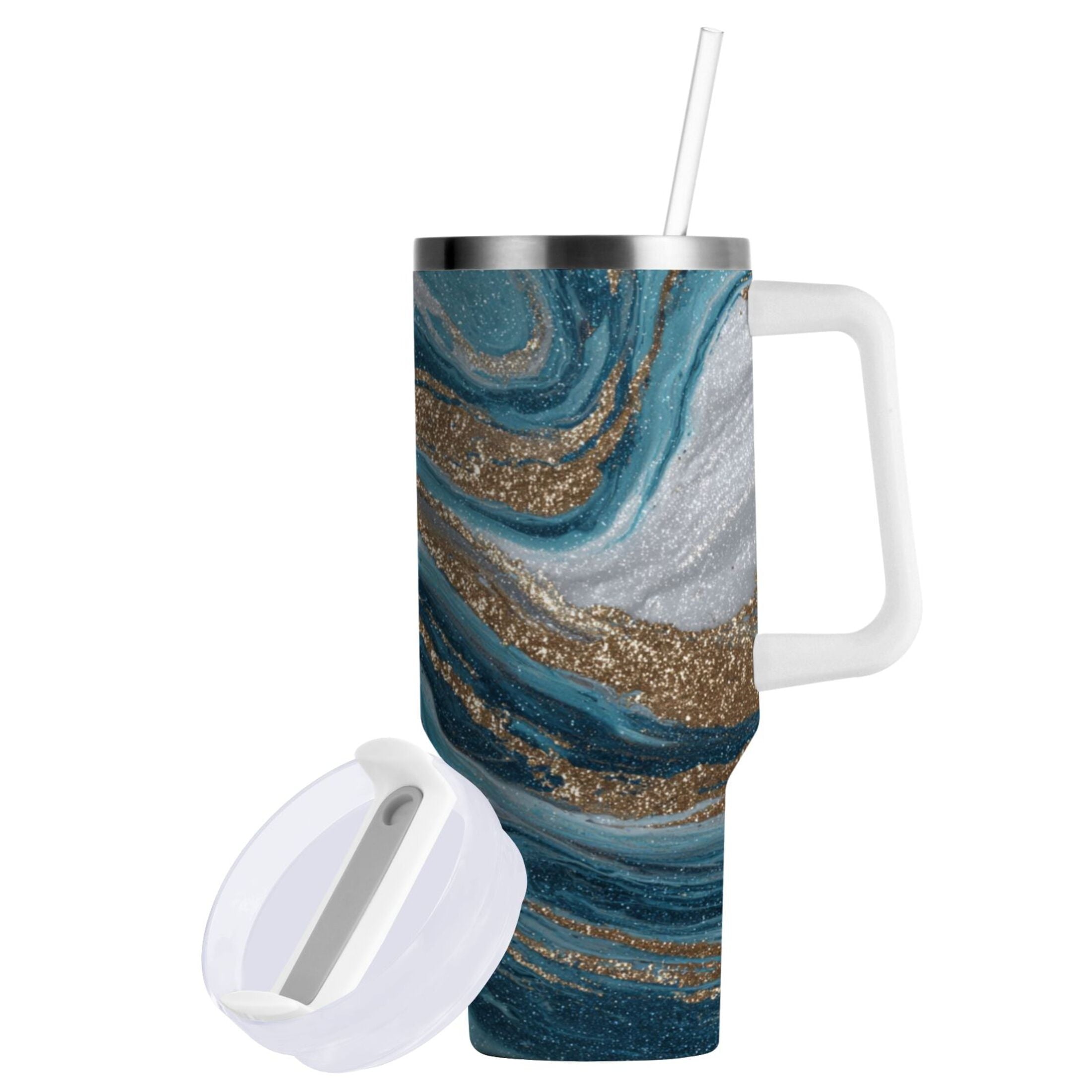 30 oz Insulated Stainless Steel Tumbler Double Wall Stainless Steel Tumbler with 2-Way Drinking Blue and Gold Swirling C497F