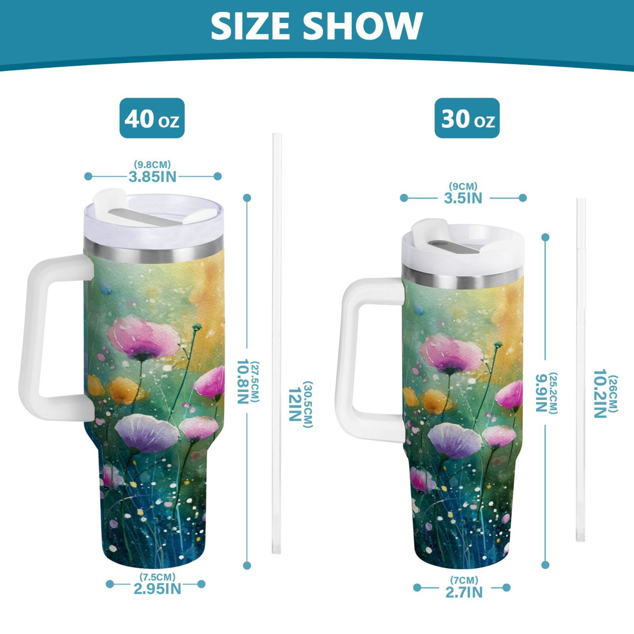 30 oz Insulated Stainless Steel Tumbler Double Wall Stainless Steel Tumbler with 2-Way Drinking Watercolor Wildflowers C563F