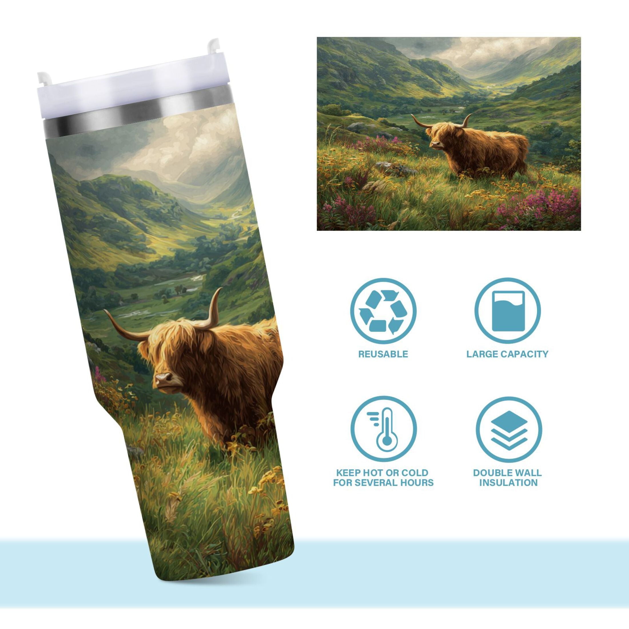 30 oz Insulated Stainless Steel Tumbler Double Wall Stainless Steel Tumbler with 2-Way Drinking Cow in Green Rolling Hills C586U