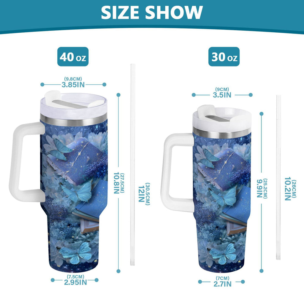 30 oz Insulated Stainless Steel Tumbler Double Wall Stainless Steel Tumbler with 2-Way Drinking Butterflies Books and Flowers C524B