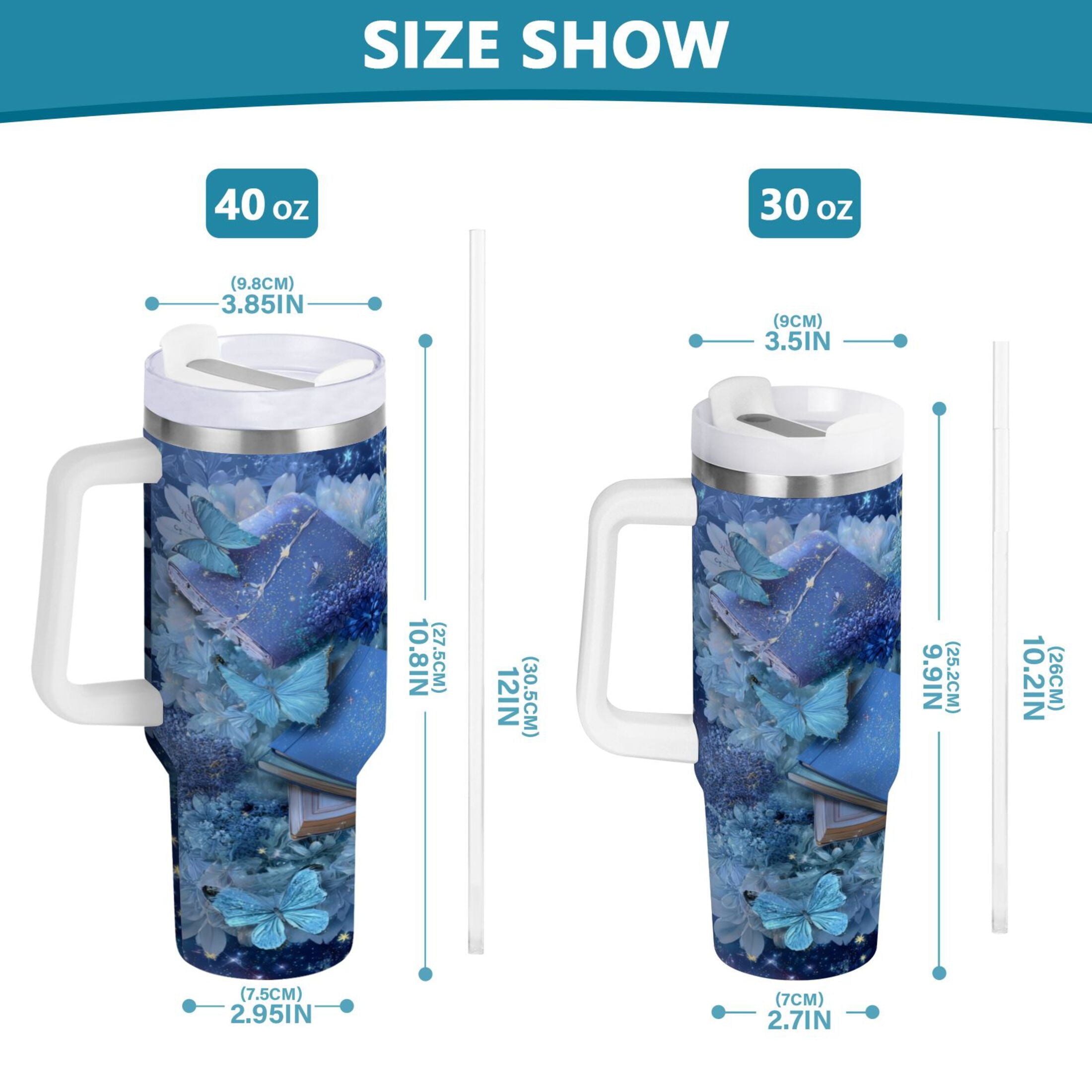 30 oz Insulated Stainless Steel Tumbler Double Wall Stainless Steel Tumbler with 2-Way Drinking Butterflies Books and Flowers C524B