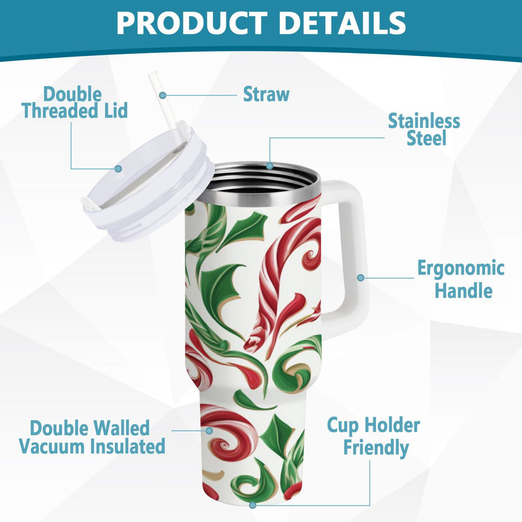 40 oz Insulated Stainless Steel Tumbler Double Wall Stainless Steel Tumbler with 2-Way Drinking Red and Green Candy-cane C573R