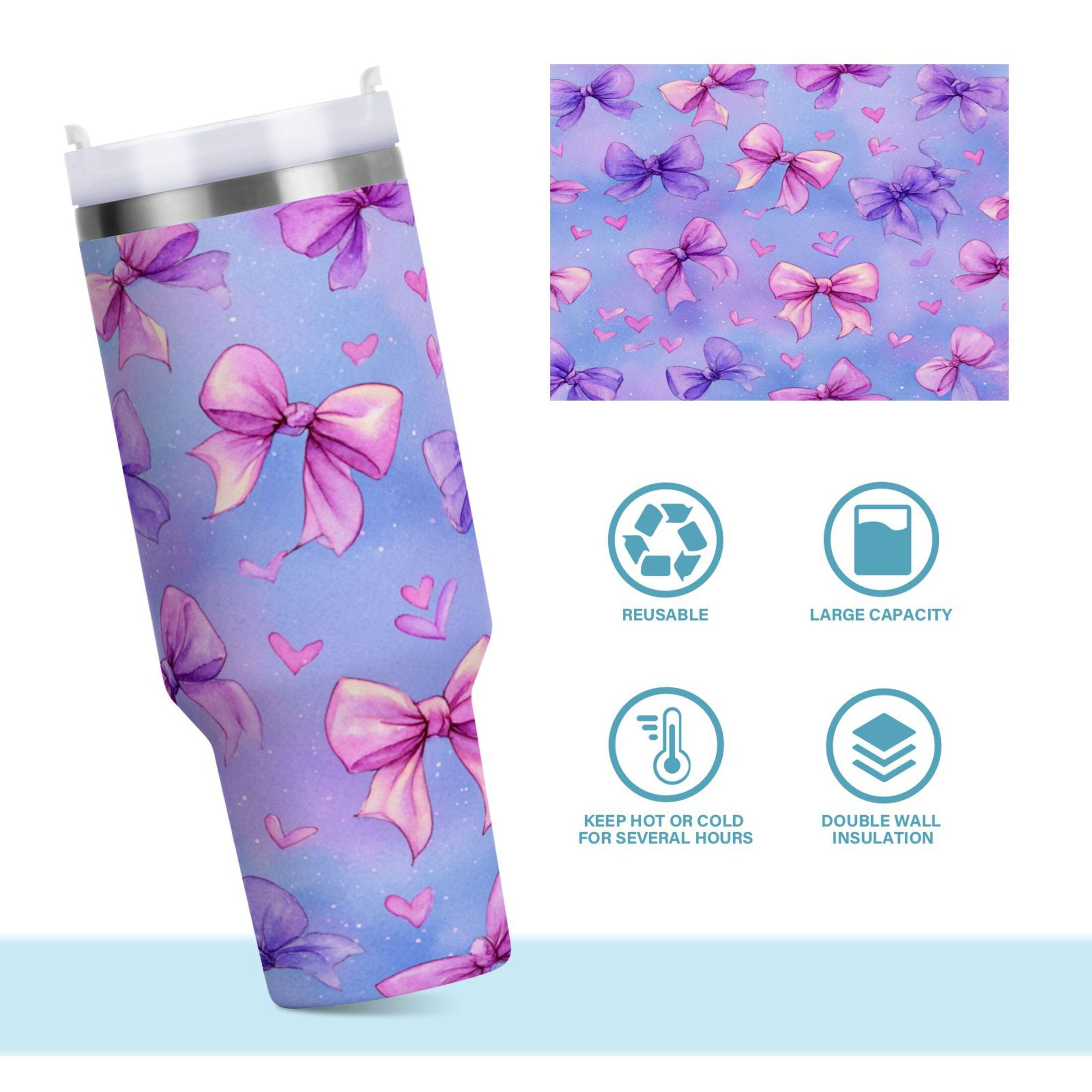 30 oz Insulated Stainless Steel Tumbler Double Wall Stainless Steel Tumbler with 2-Way Drinking Watercolor Bows Pattern C627L