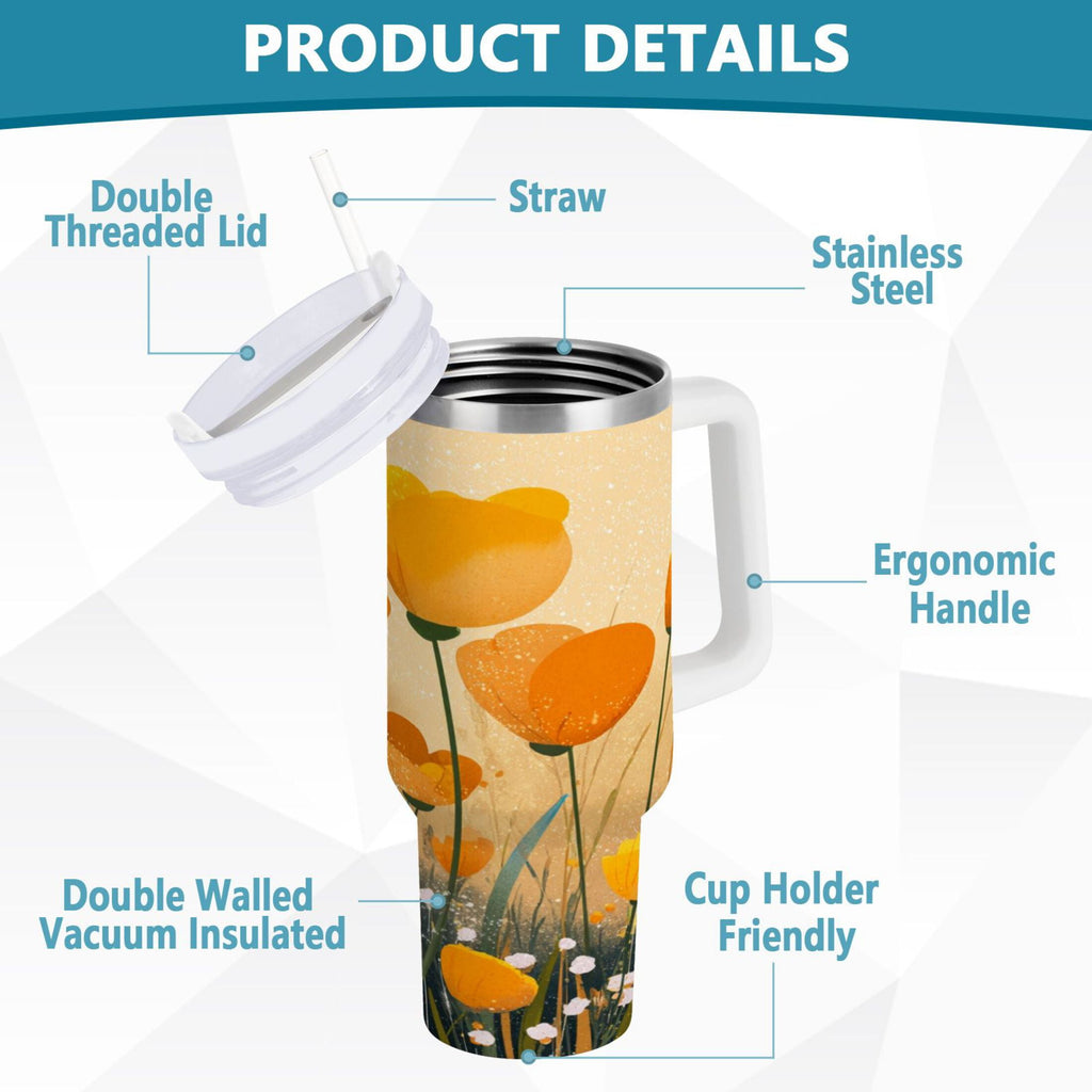 30 oz Insulated Stainless Steel Tumbler Double Wall Stainless Steel Tumbler with 2-Way Drinking Yellow Flowers on The Grass C594J