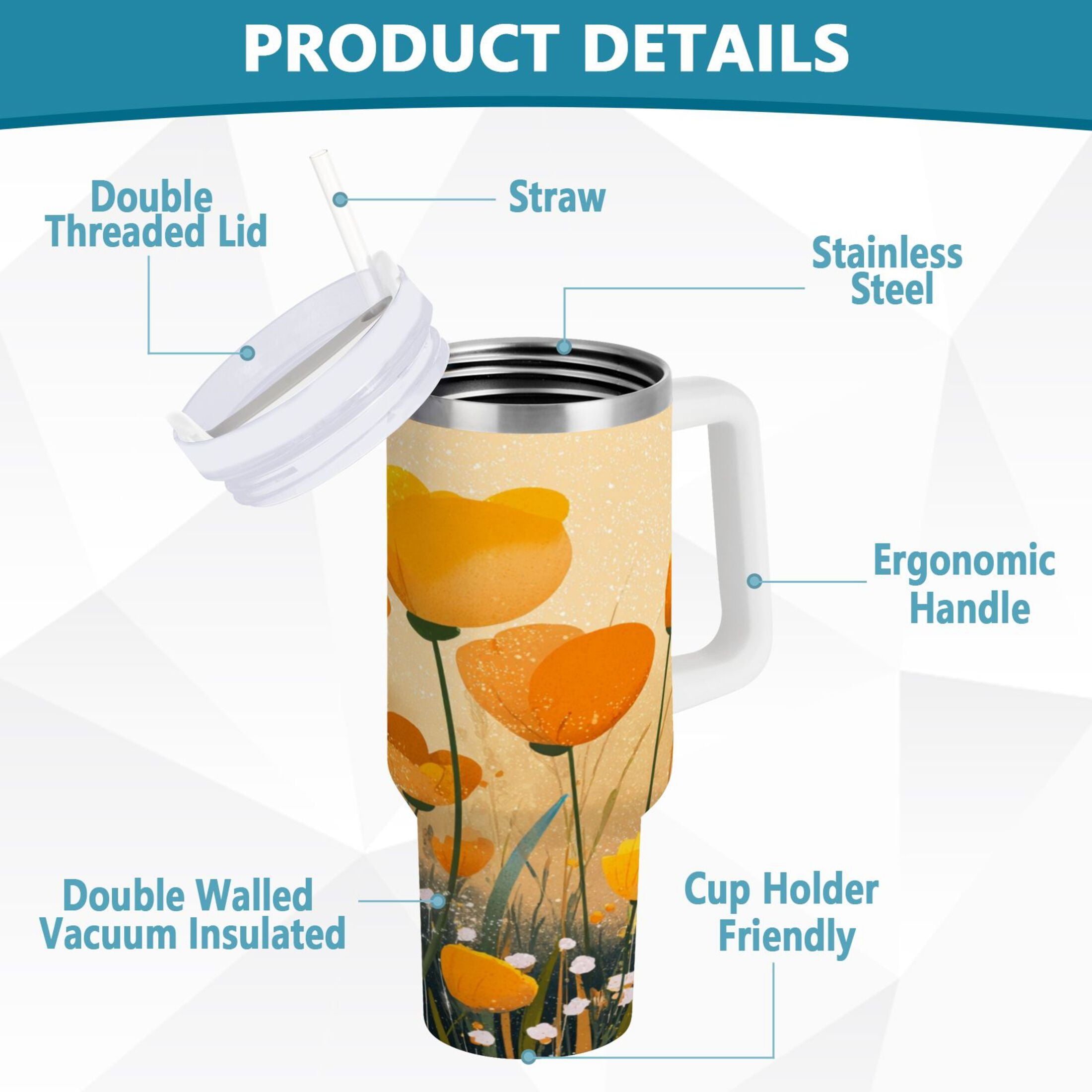 30 oz Insulated Stainless Steel Tumbler Double Wall Stainless Steel Tumbler with 2-Way Drinking Yellow Flowers on The Grass C594J