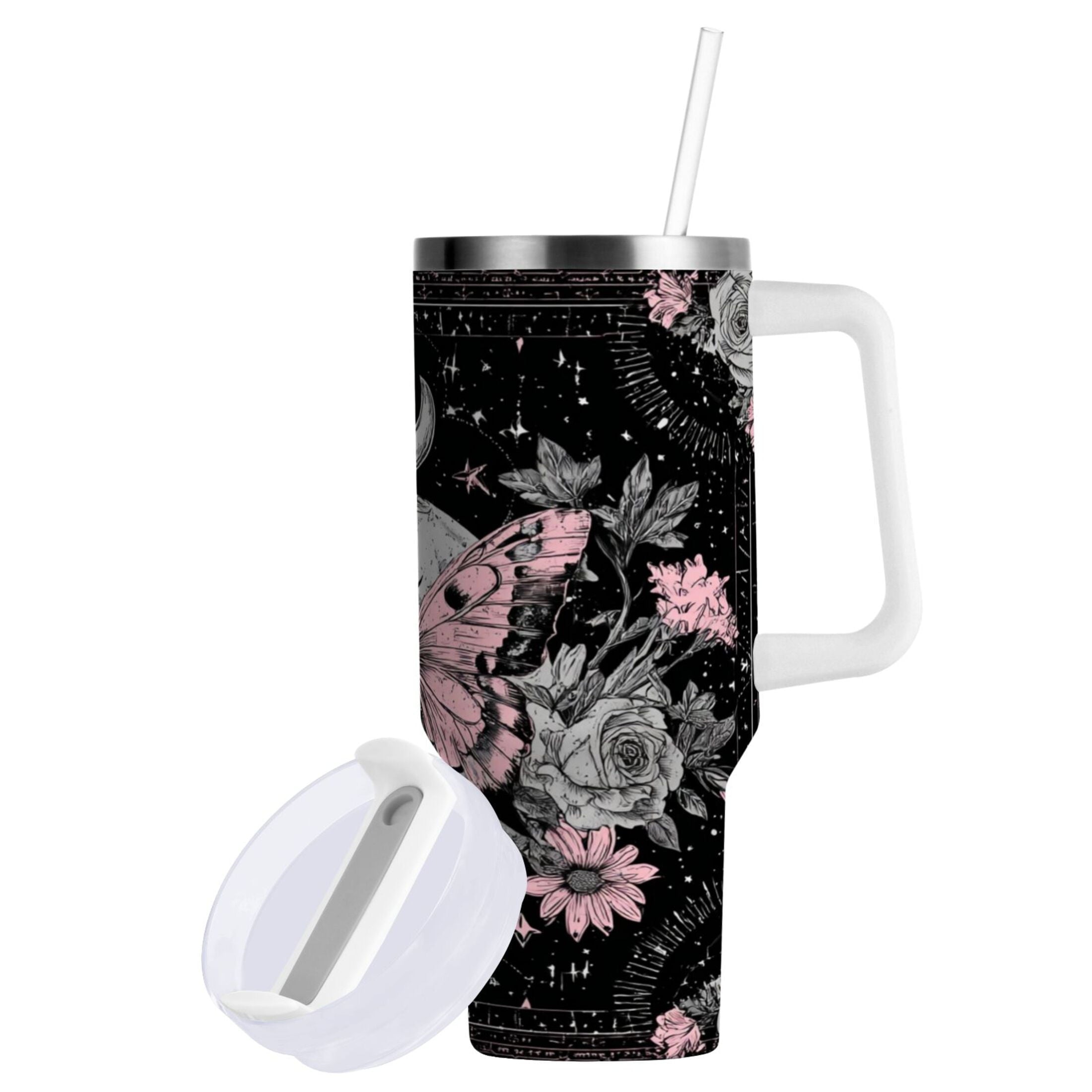 30 oz Insulated Stainless Steel Tumbler Double Wall Stainless Steel Tumbler with 2-Way Drinking Butterfly by Moon and Flowers C542G