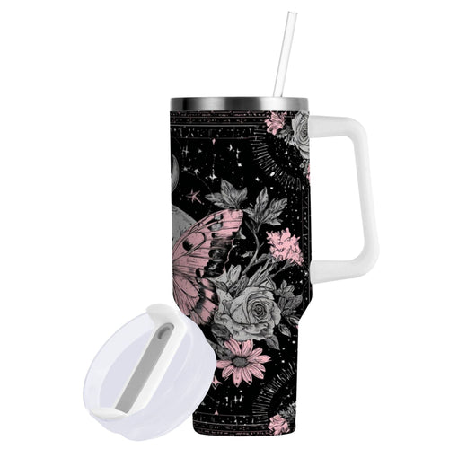 30 oz Insulated Stainless Steel Tumbler Double Wall Stainless Steel Tumbler with 2-Way Drinking Butterfly by Moon and Flowers C542G
