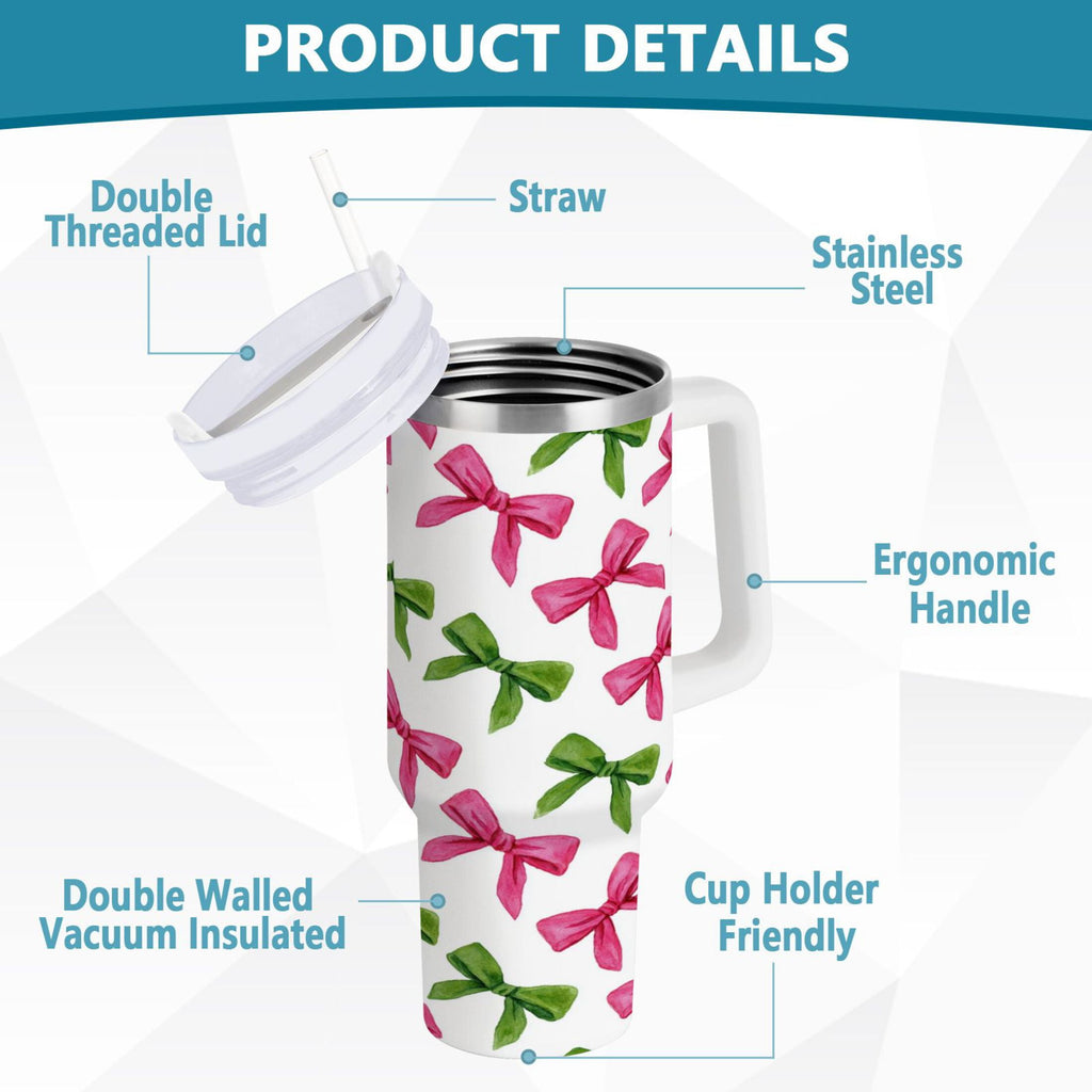 30 oz Insulated Stainless Steel Tumbler Double Wall Stainless Steel Tumbler with 2-Way Drinking Pink Bows and Green Ribbons C649T