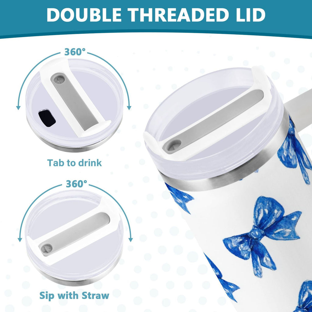 30 oz Insulated Stainless Steel Tumbler Double Wall Stainless Steel Tumbler with 2-Way Drinking Blue Bows Pattern C620X