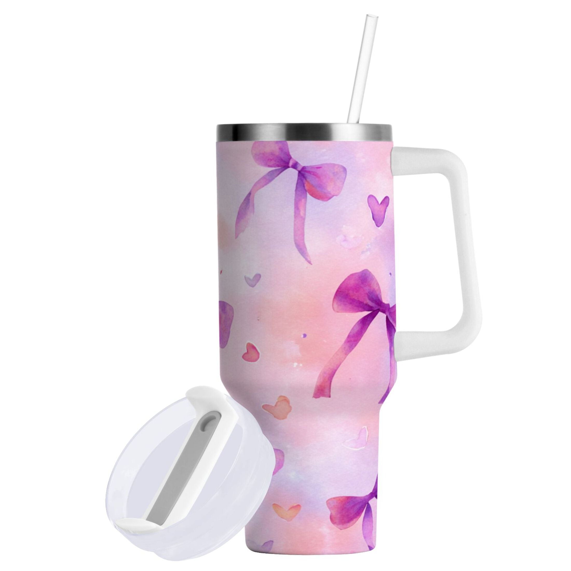 30 oz Insulated Stainless Steel Tumbler Double Wall Stainless Steel Tumbler with 2-Way Drinking Watercolor Purple Bows C591J