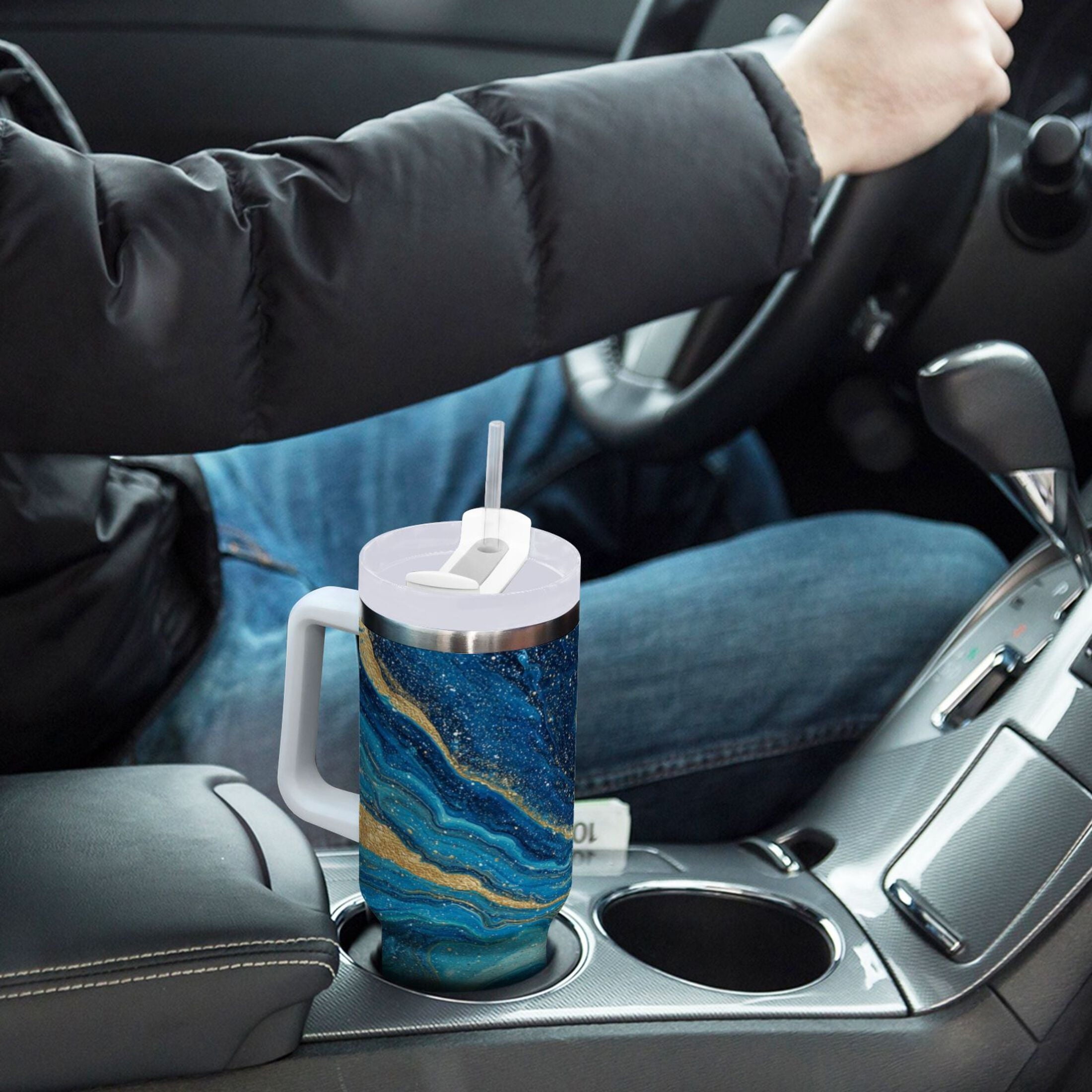 30 oz Insulated Stainless Steel Tumbler Double Wall Stainless Steel Tumbler with 2-Way Drinking Blue and Gold Ocean C507L