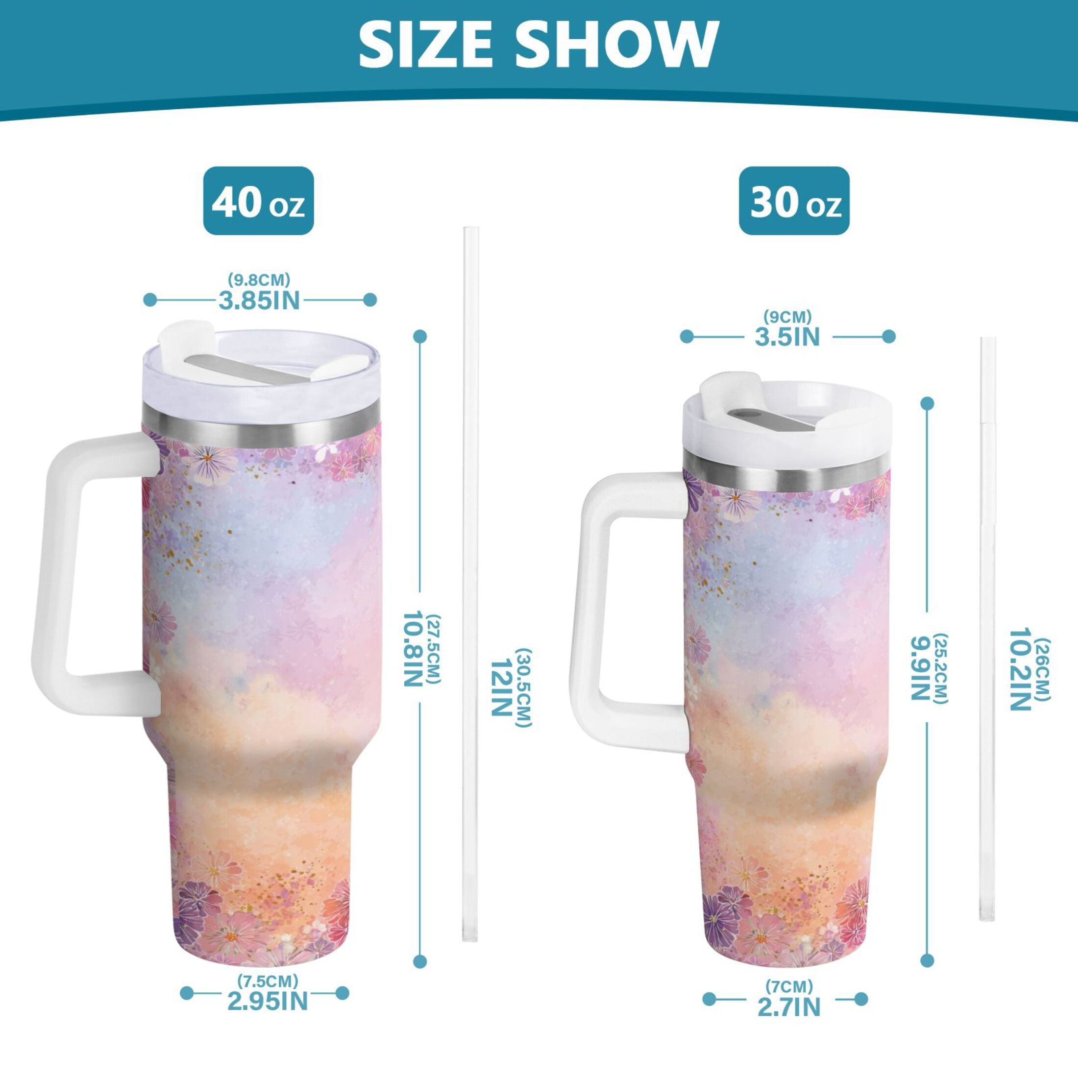 30 oz Insulated Stainless Steel Tumbler Double Wall Stainless Steel Tumbler with 2-Way Drinking Colorful Pastel Floral Pattern C514B