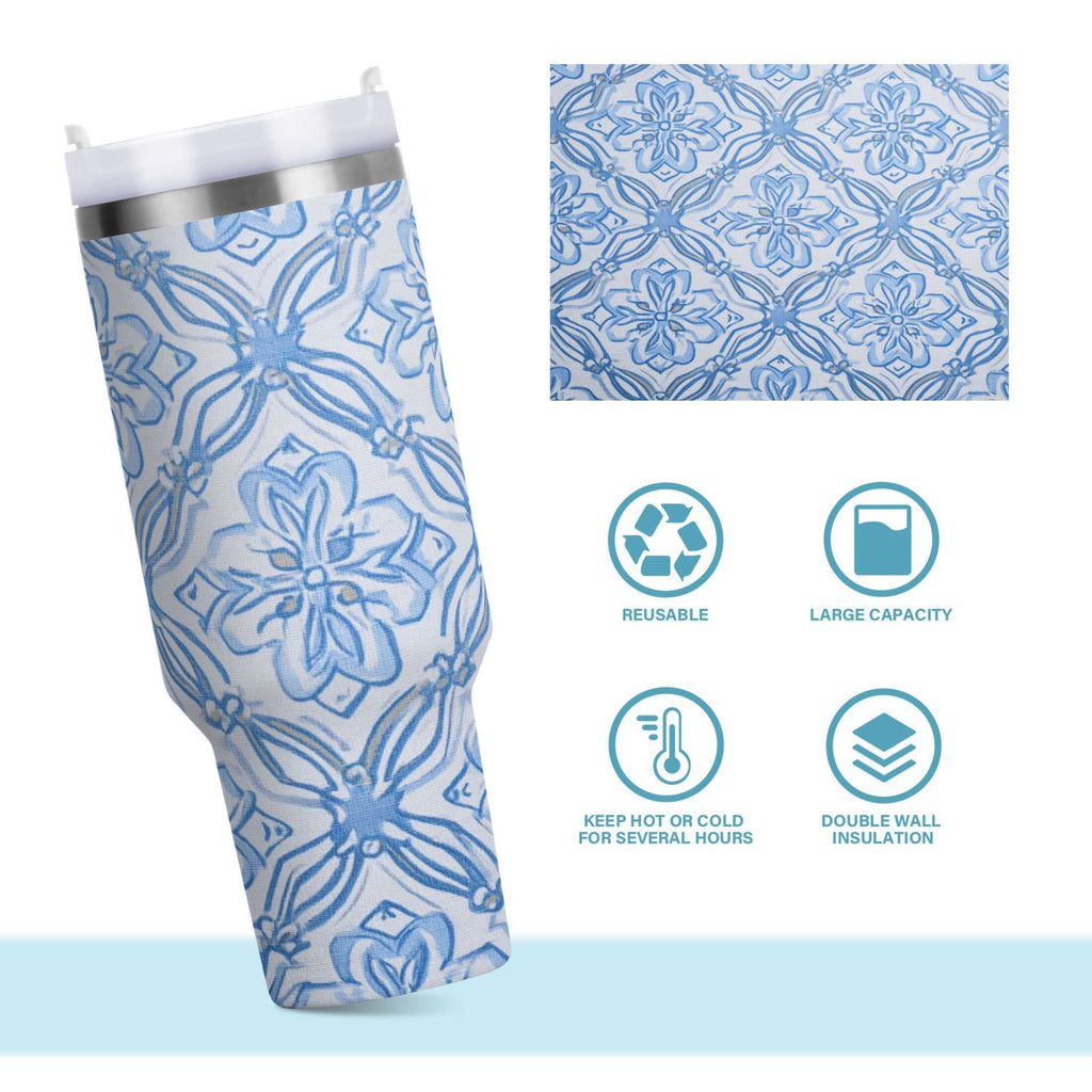 30 oz Insulated Stainless Steel Tumbler Double Wall Stainless Steel Tumbler with 2-Way Drinking Blue Elegant Geometric Design C623R