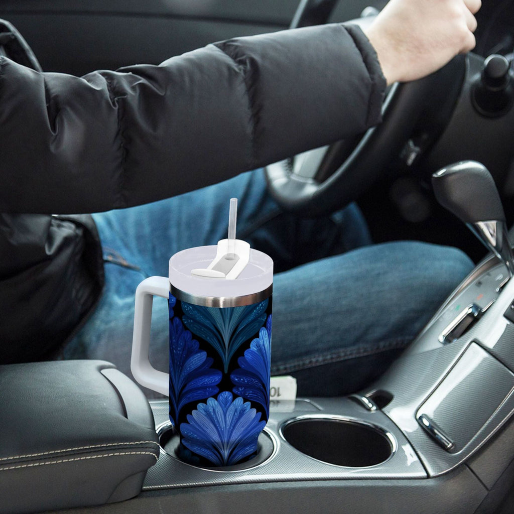 30 oz Insulated Stainless Steel Tumbler Double Wall Stainless Steel Tumbler with 2-Way Drinking Blue Batik Leaves Pattern C525W