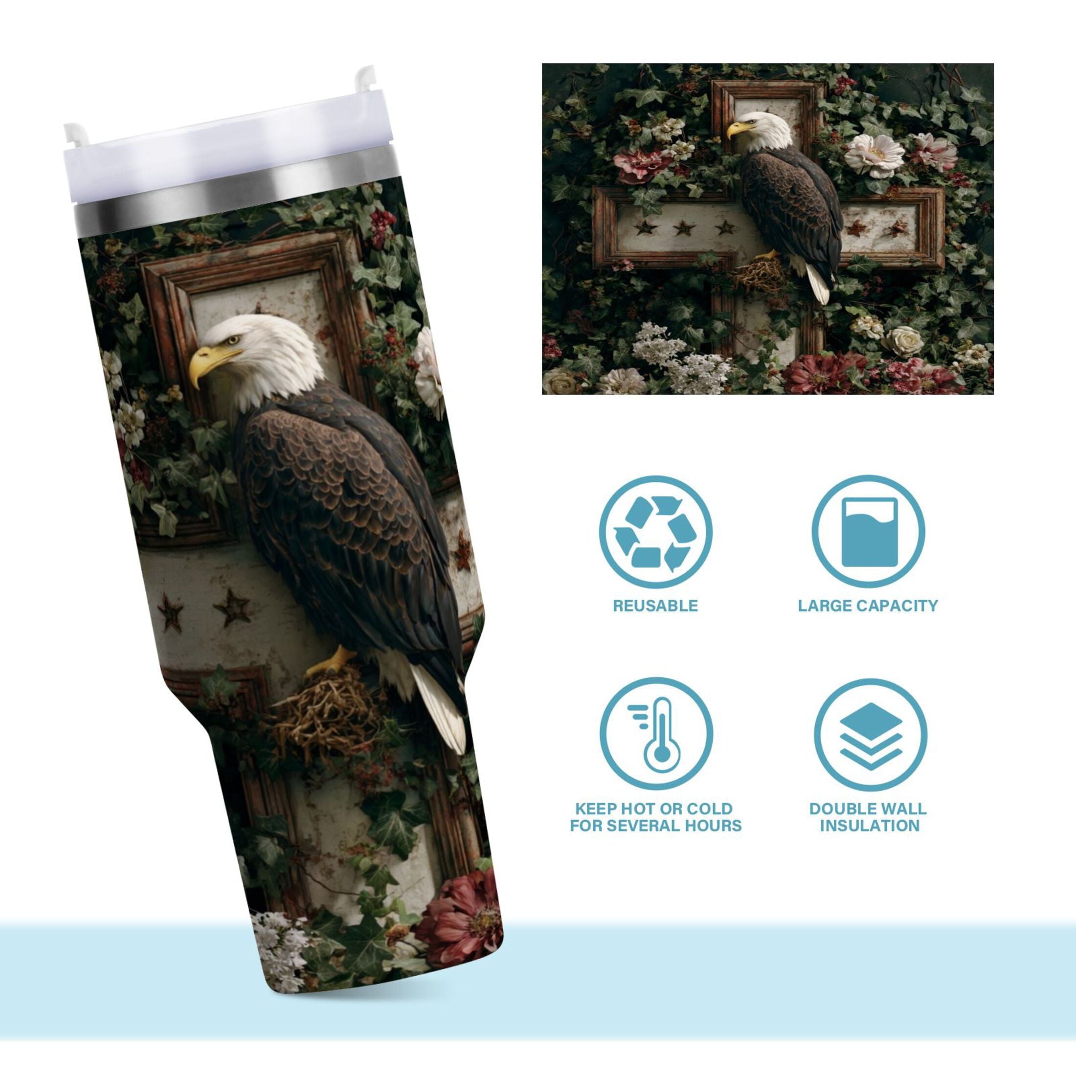 30 oz Insulated Stainless Steel Tumbler Double Wall Stainless Steel Tumbler with 2-Way Drinking Wreath and Bald Eagle C668F