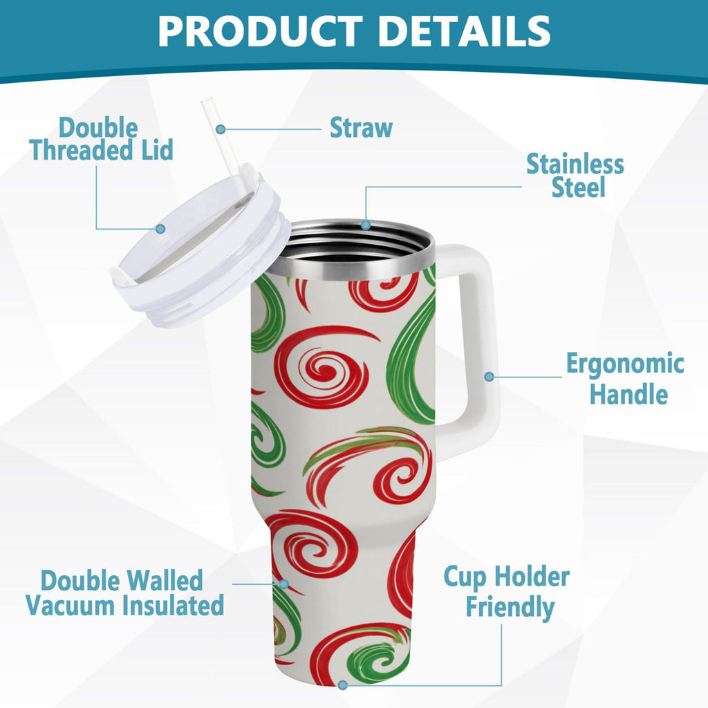 40 oz Insulated Stainless Steel Tumbler Double Wall Stainless Steel Tumbler with 2-Way Drinking Red and Green Swirls C539J
