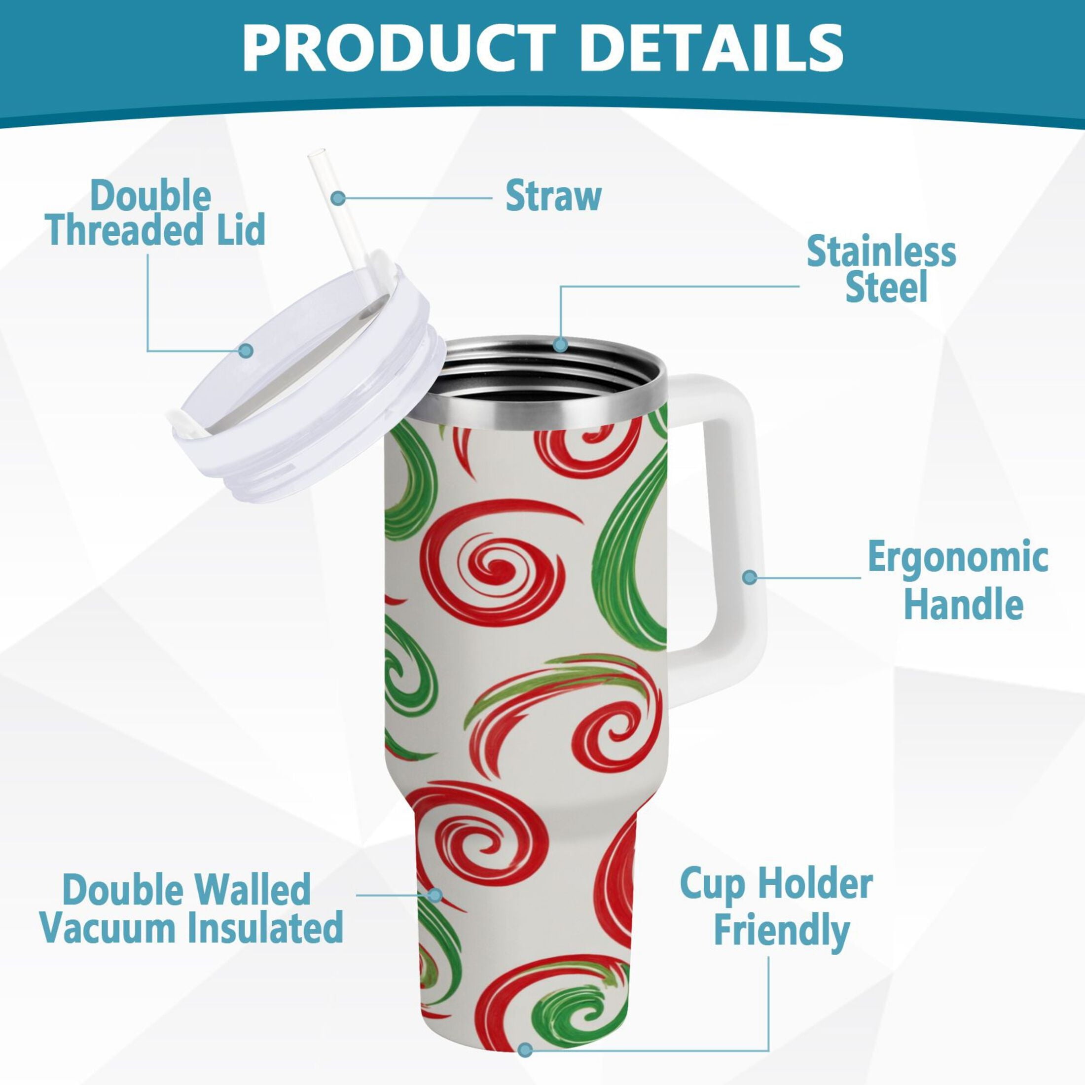 40 oz Insulated Stainless Steel Tumbler Double Wall Stainless Steel Tumbler with 2-Way Drinking Red and Green Swirls C539J