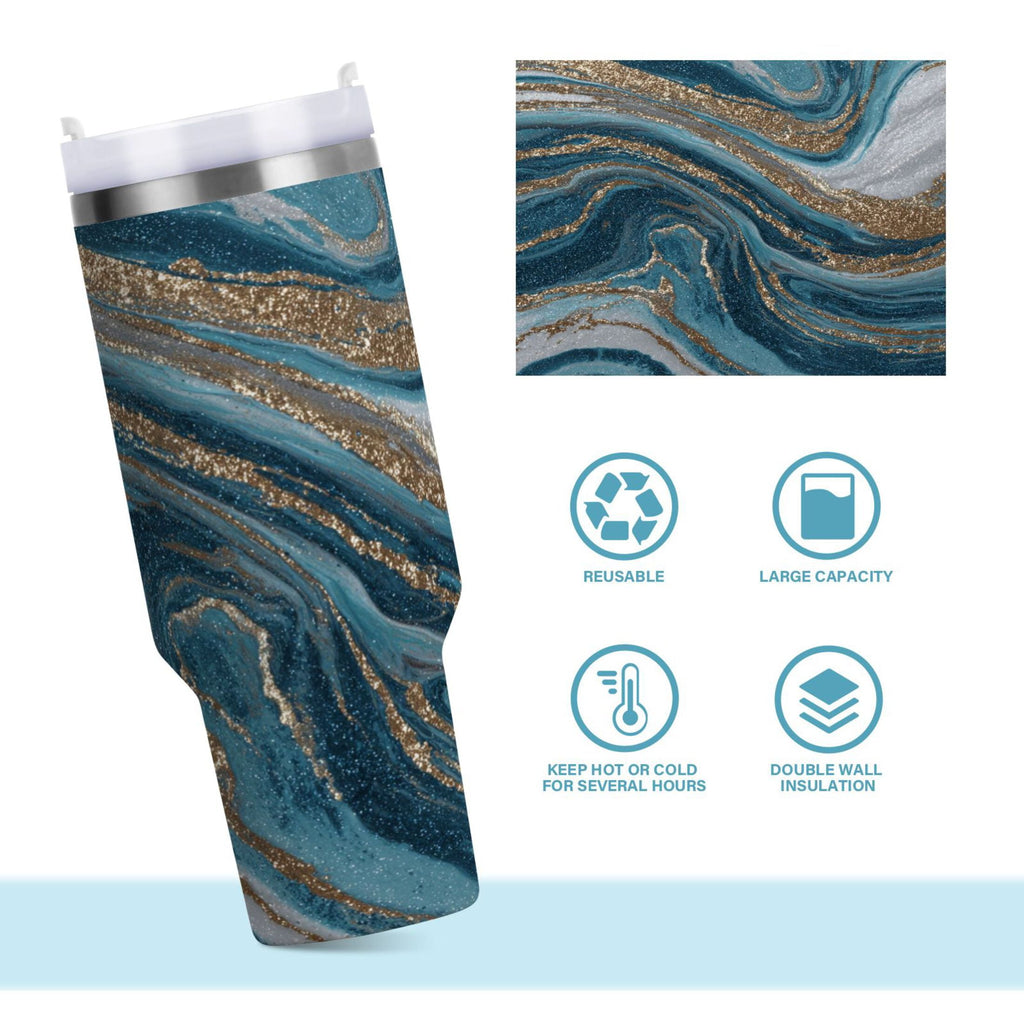 30 oz Insulated Stainless Steel Tumbler Double Wall Stainless Steel Tumbler with 2-Way Drinking Blue and Gold Swirling C497F