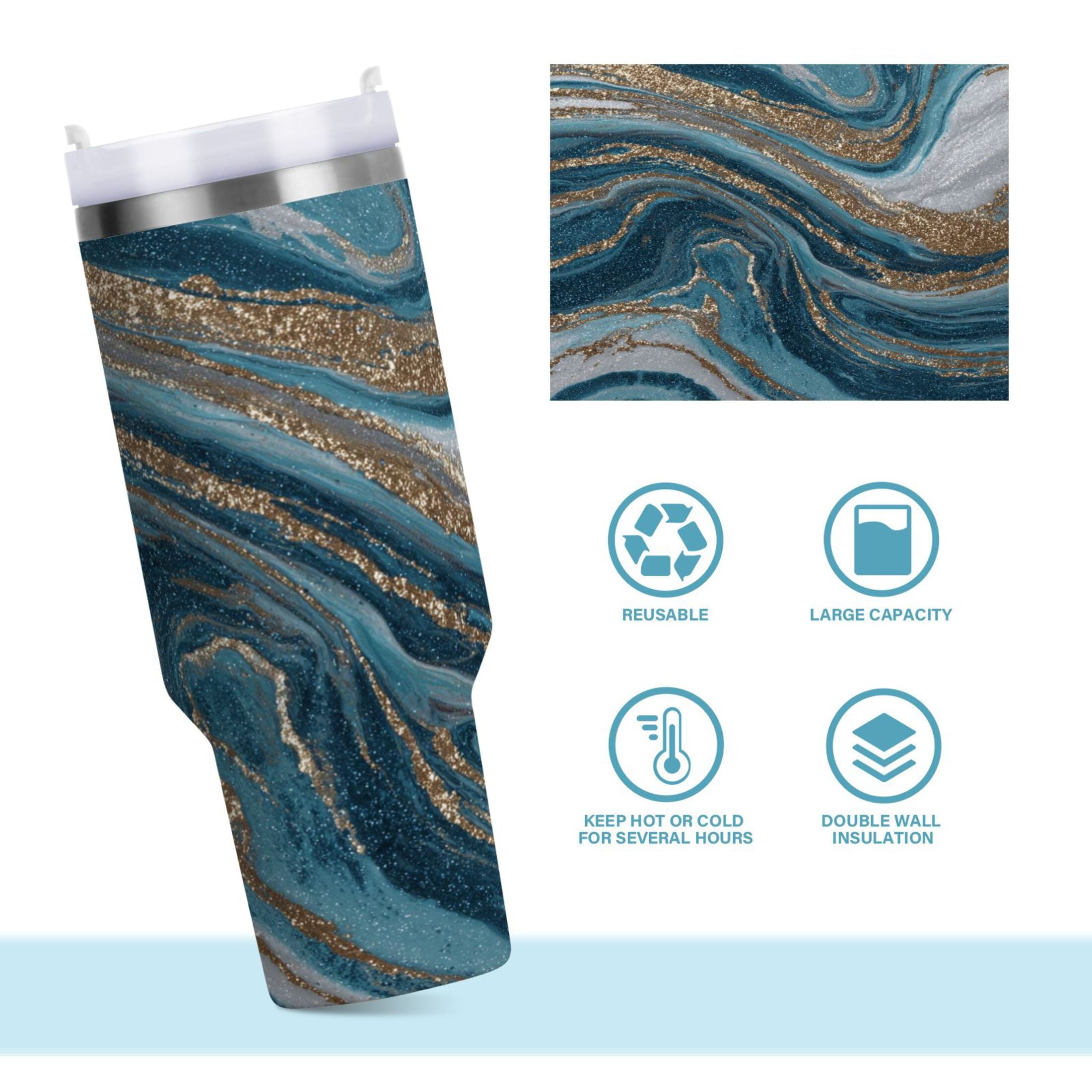 30 oz Insulated Stainless Steel Tumbler Double Wall Stainless Steel Tumbler with 2-Way Drinking Blue and Gold Swirling C497F