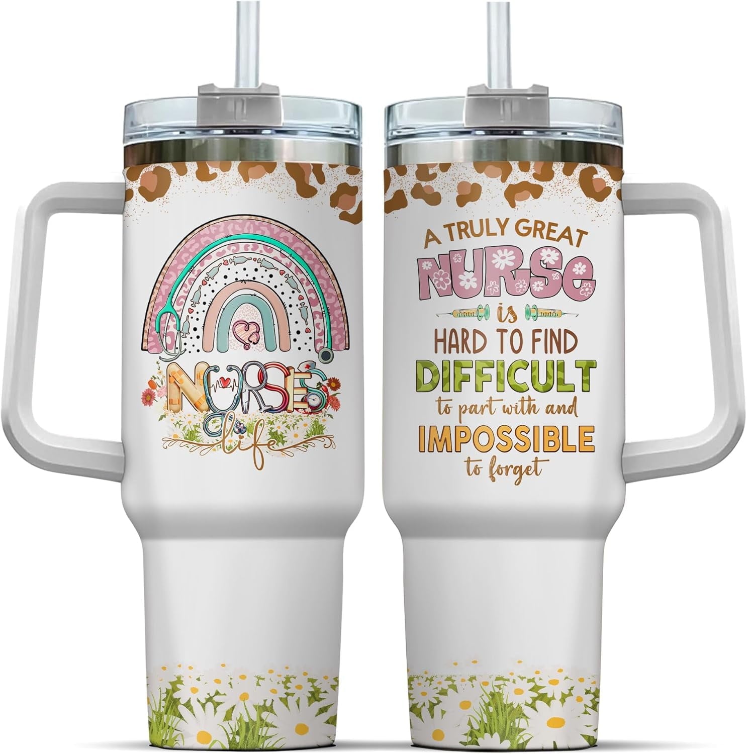 Tumbler 40 Oz With Handle Lid And Straw, Nurse Gifts, Black Camo White Engraved Print Travel Nurses Tumblers Handle Funny Cups Nursing For, Great Nurse Rainbow Daisy Flower C683K