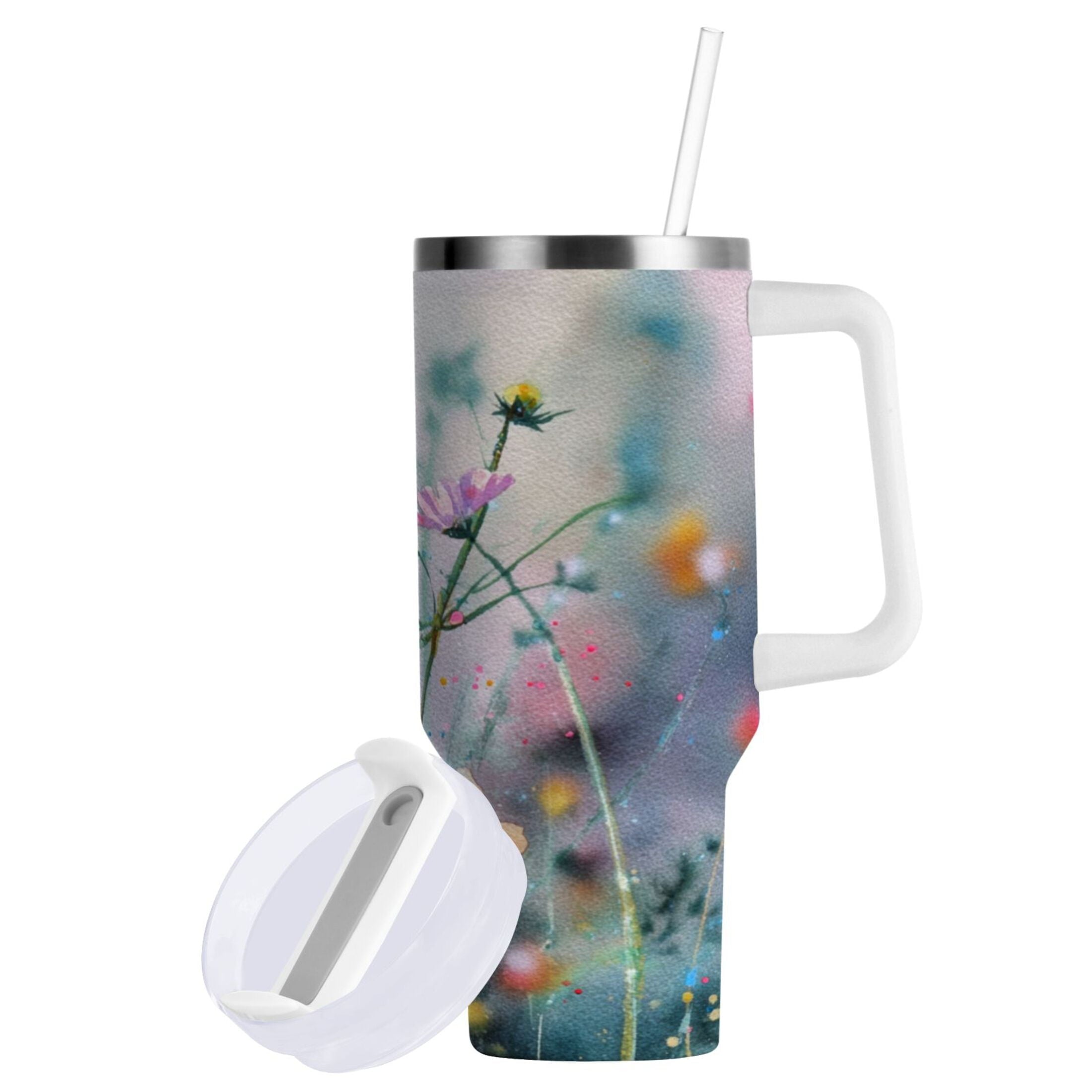 40 oz Insulated Stainless Steel Tumbler Double Wall Stainless Steel Tumbler with 2-Way Drinking Abstract Wildflowers C504S