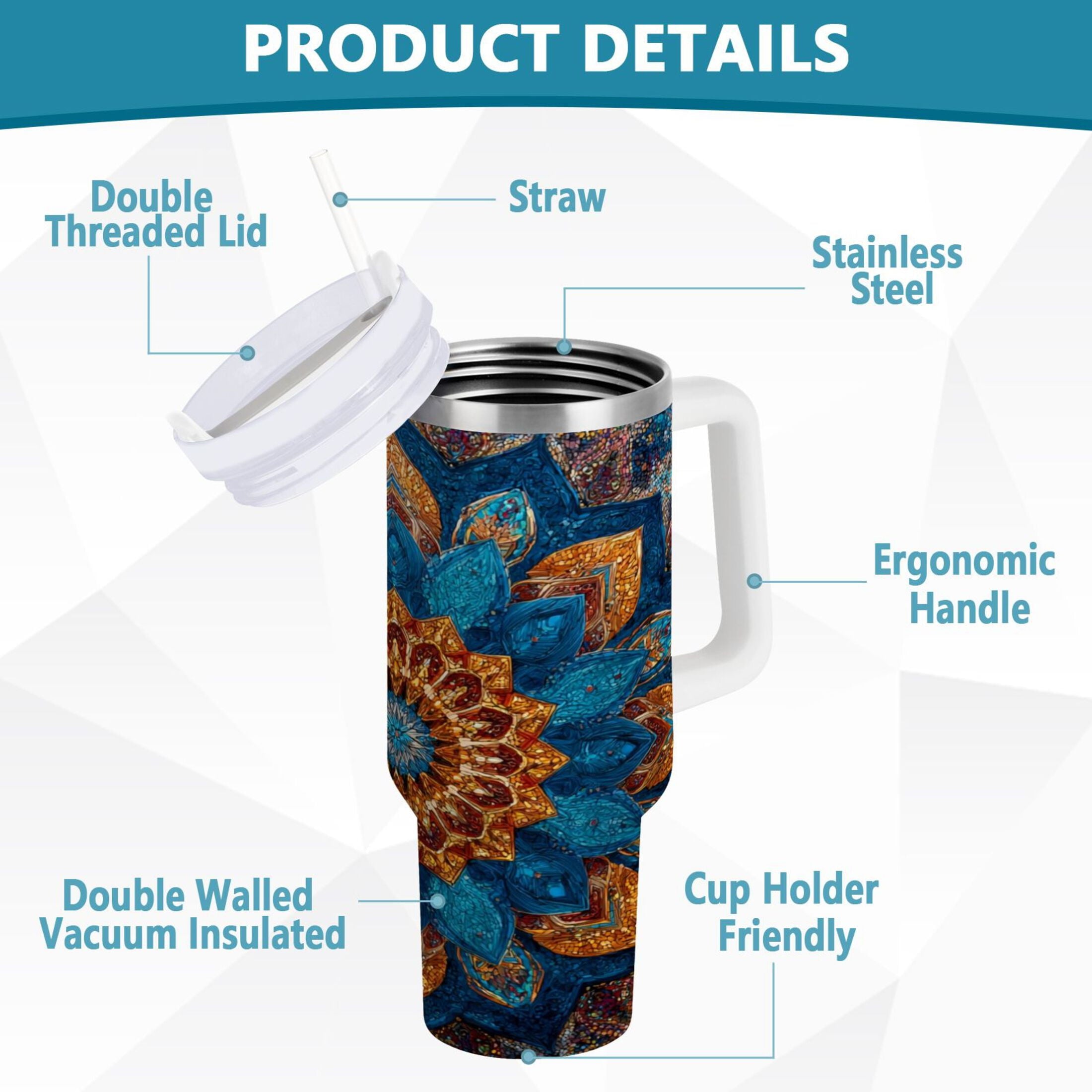 40 oz Insulated Stainless Steel Tumbler Double Wall Stainless Steel Tumbler with 2-Way Drinking Intricate Geometric Shapes C518E