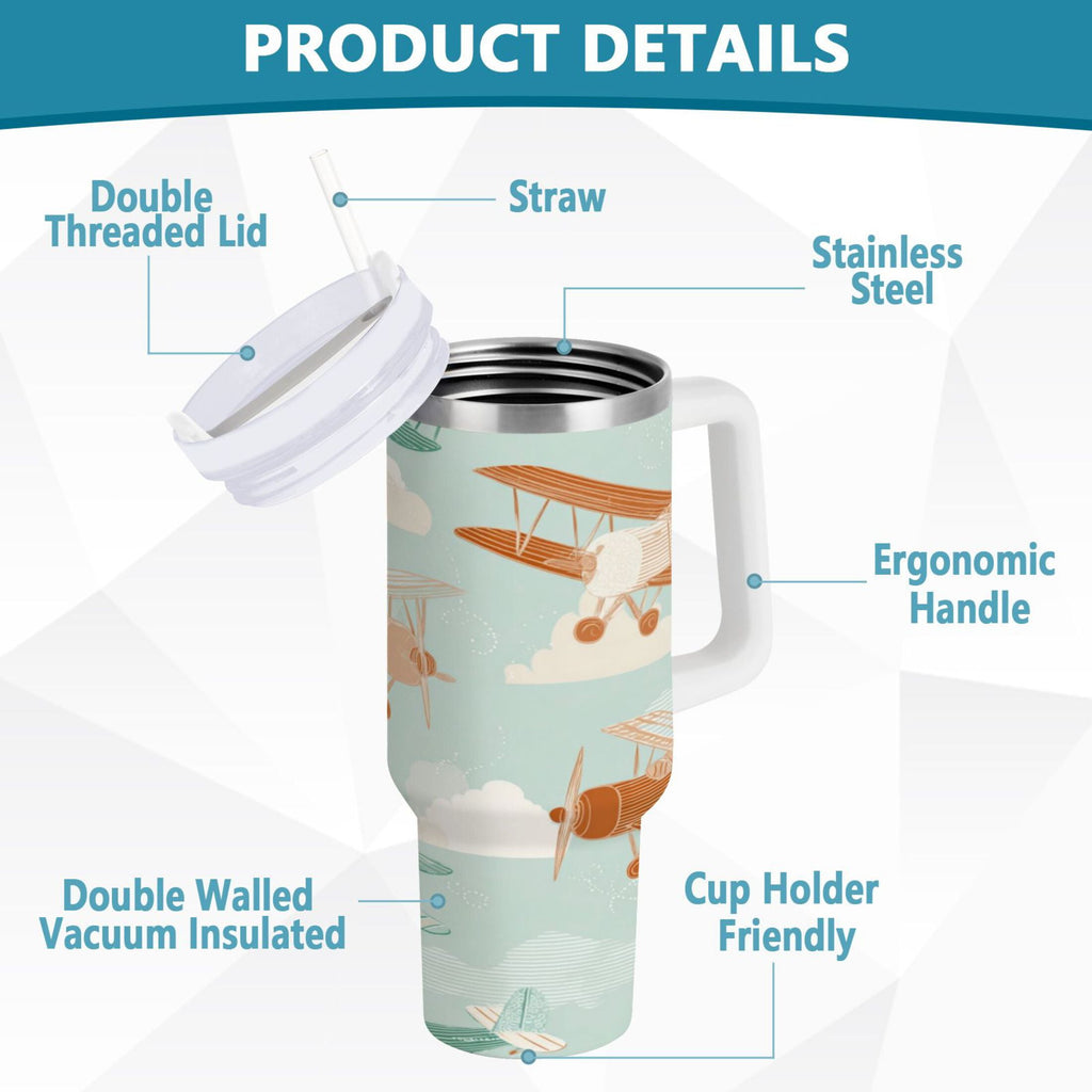 40 oz Insulated Stainless Steel Tumbler Double Wall Stainless Steel Tumbler with 2-Way Drinking Cute Airplanes C647S