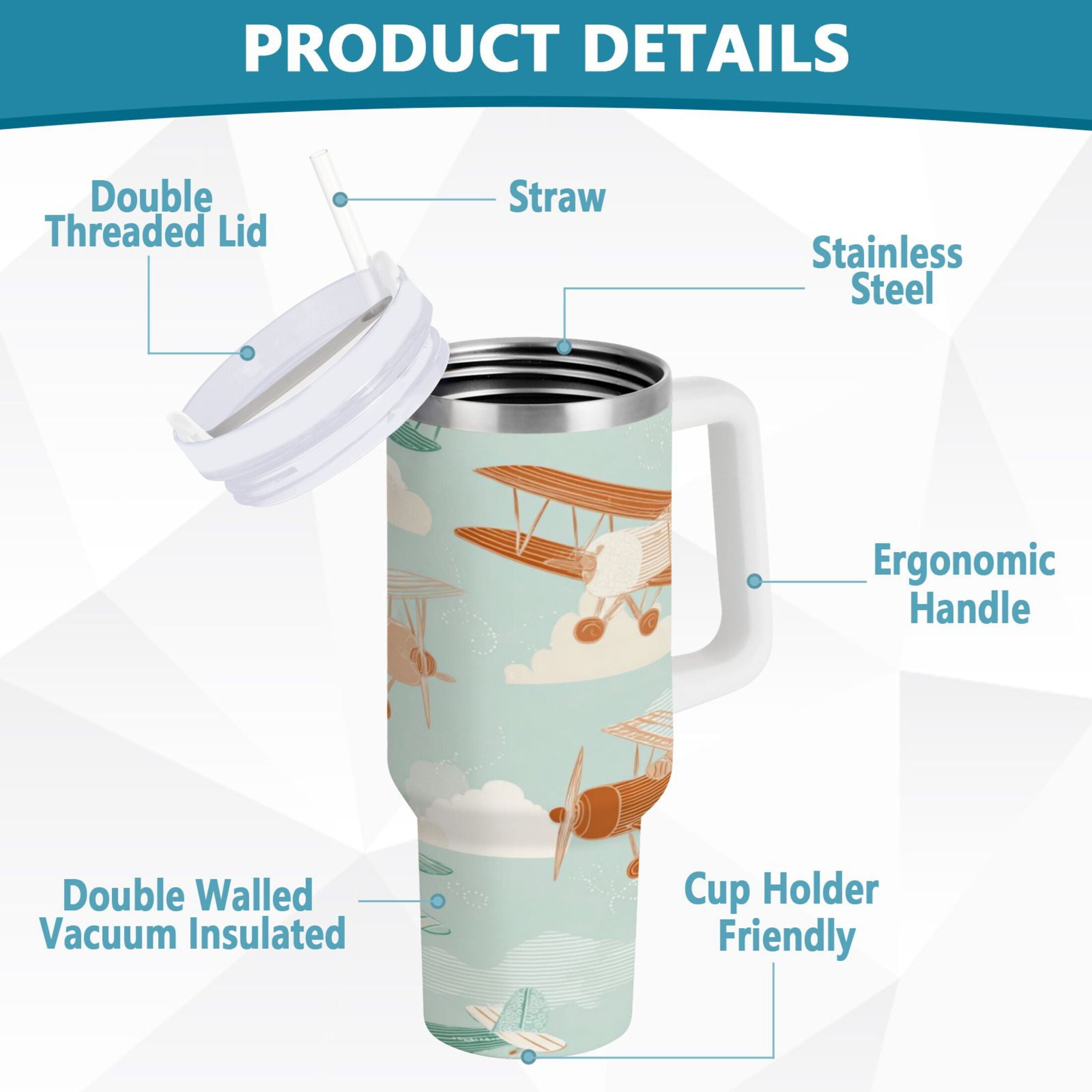 40 oz Insulated Stainless Steel Tumbler Double Wall Stainless Steel Tumbler with 2-Way Drinking Cute Airplanes C647S