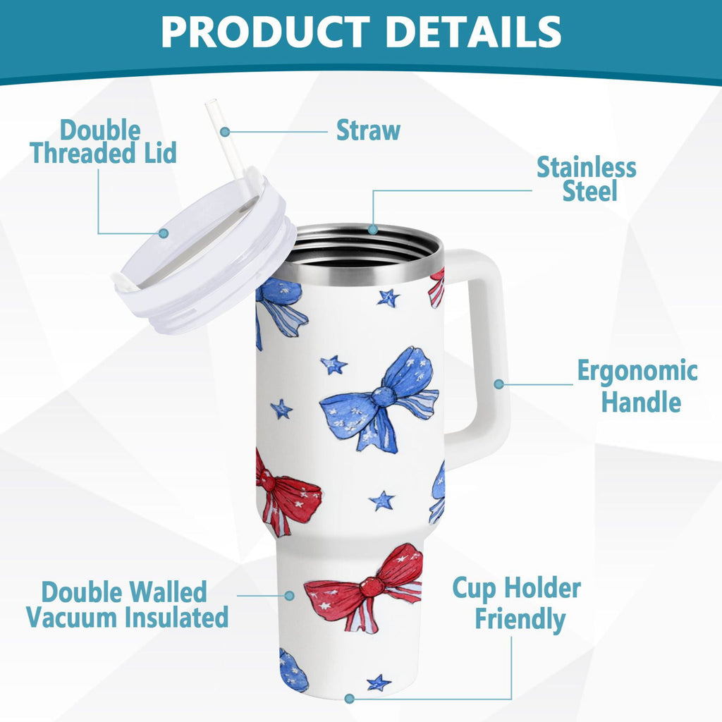 40 oz Insulated Stainless Steel Tumbler Double Wall Stainless Steel Tumbler with 2-Way Drinking Hand-drawn Bows C587D
