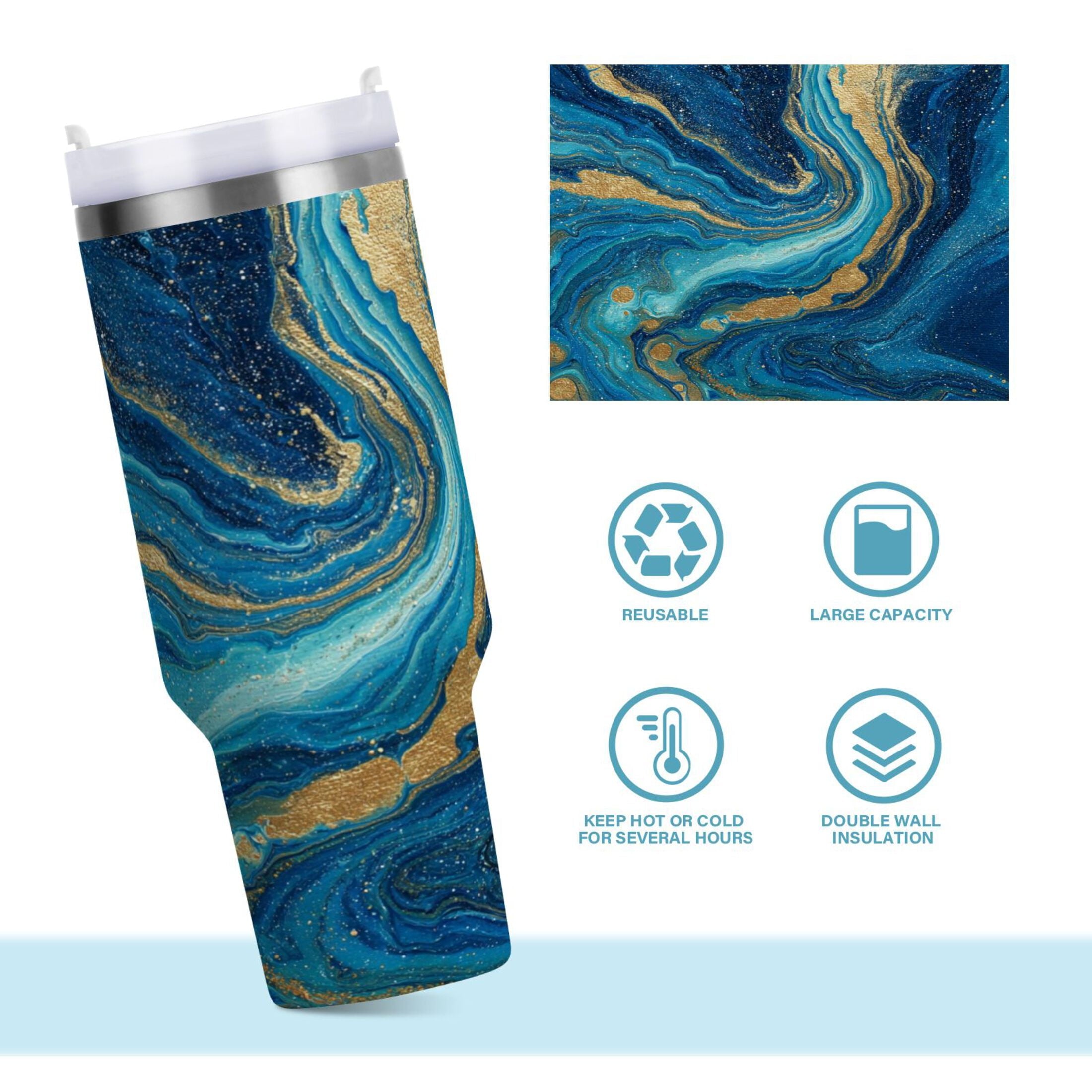30 oz Insulated Stainless Steel Tumbler Double Wall Stainless Steel Tumbler with 2-Way Drinking Blue and Gold Ocean C507L