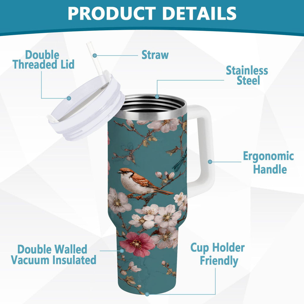 30 oz Insulated Stainless Steel Tumbler Double Wall Stainless Steel Tumbler with 2-Way Drinking Birds and Cherry Pattern C537C