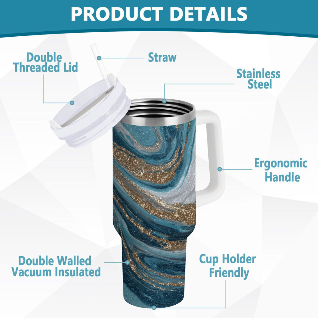 30 oz Insulated Stainless Steel Tumbler Double Wall Stainless Steel Tumbler with 2-Way Drinking Blue and Gold Swirling C497F