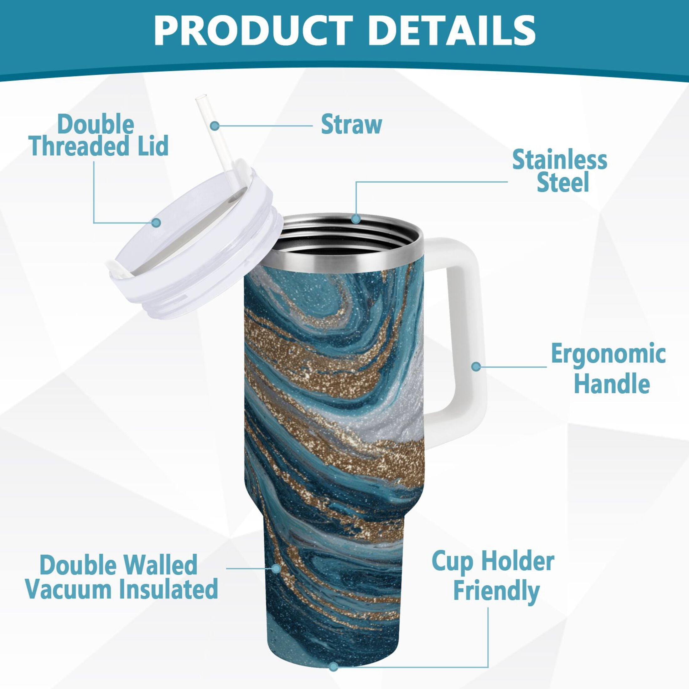 30 oz Insulated Stainless Steel Tumbler Double Wall Stainless Steel Tumbler with 2-Way Drinking Blue and Gold Swirling C497F