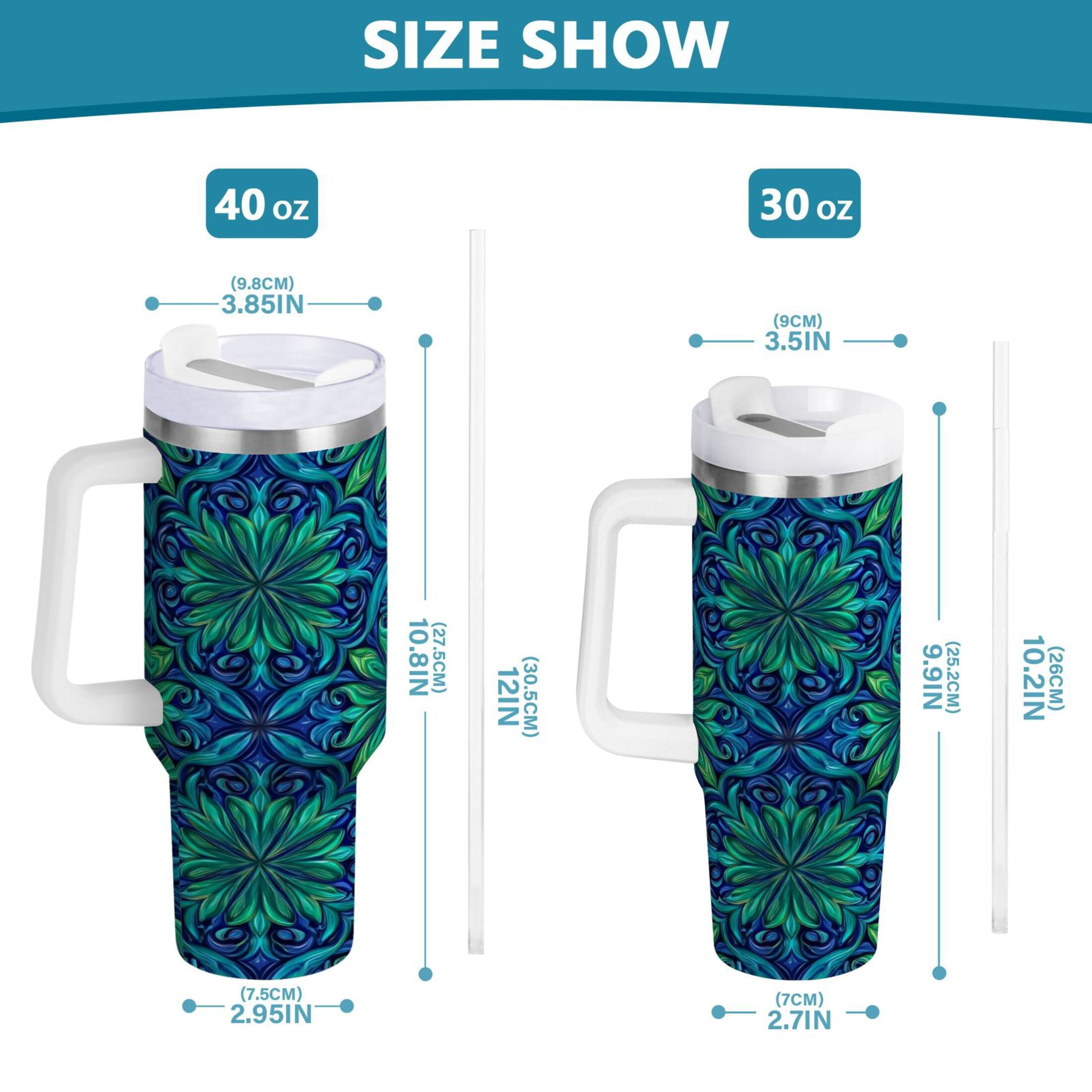 40 oz Insulated Stainless Steel Tumbler Double Wall Stainless Steel Tumbler with 2-Way Drinking Elegant Blue Traditional Patterns C603Q