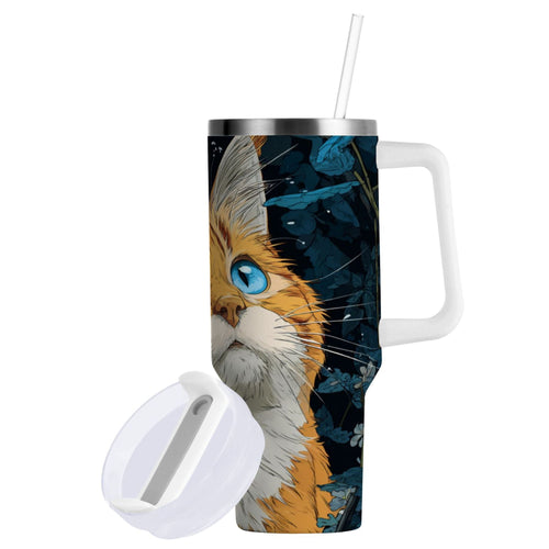 30 oz Insulated Stainless Steel Tumbler Double Wall Stainless Steel Tumbler with 2-Way Drinking Orange Cat with Blue Eyes C585D