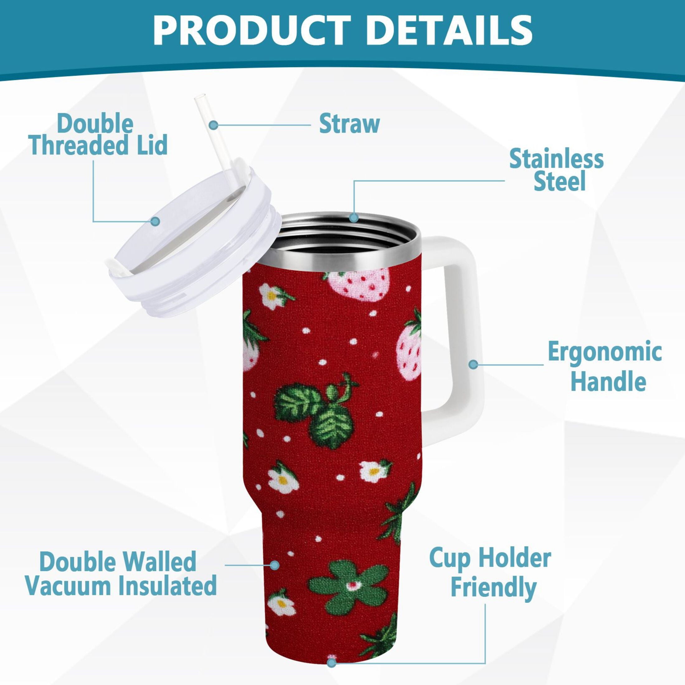 30 oz Insulated Stainless Steel Tumbler Double Wall Stainless Steel Tumbler with 2-Way Drinking Cute Pink Strawberry Pattern C630F