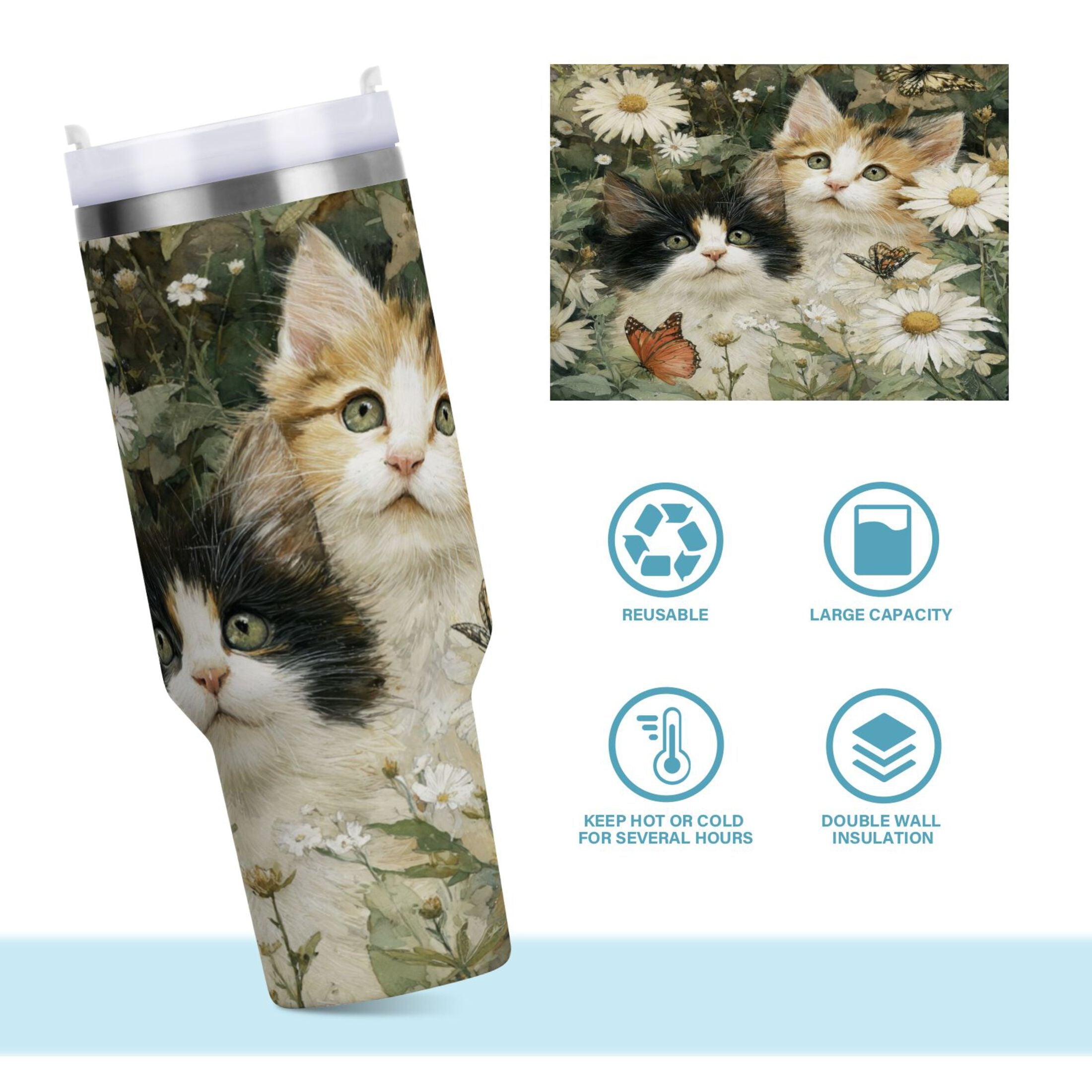 30 oz Insulated Stainless Steel Tumbler Double Wall Stainless Steel Tumbler with 2-Way Drinking Adorable Cats and Daisies C602M