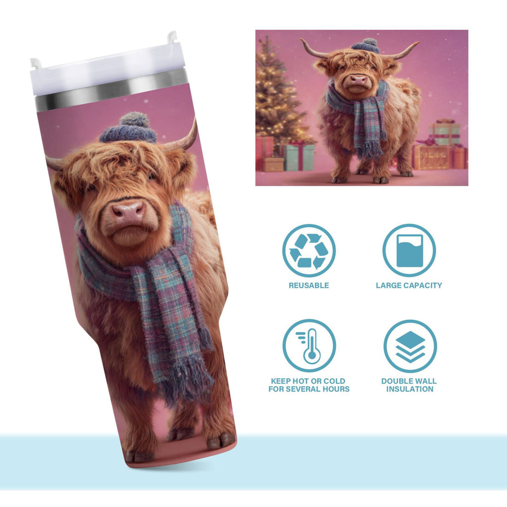 30 oz Insulated Stainless Steel Tumbler Double Wall Stainless Steel Tumbler with 2-Way Drinking Cow Wearing Christmas C626V