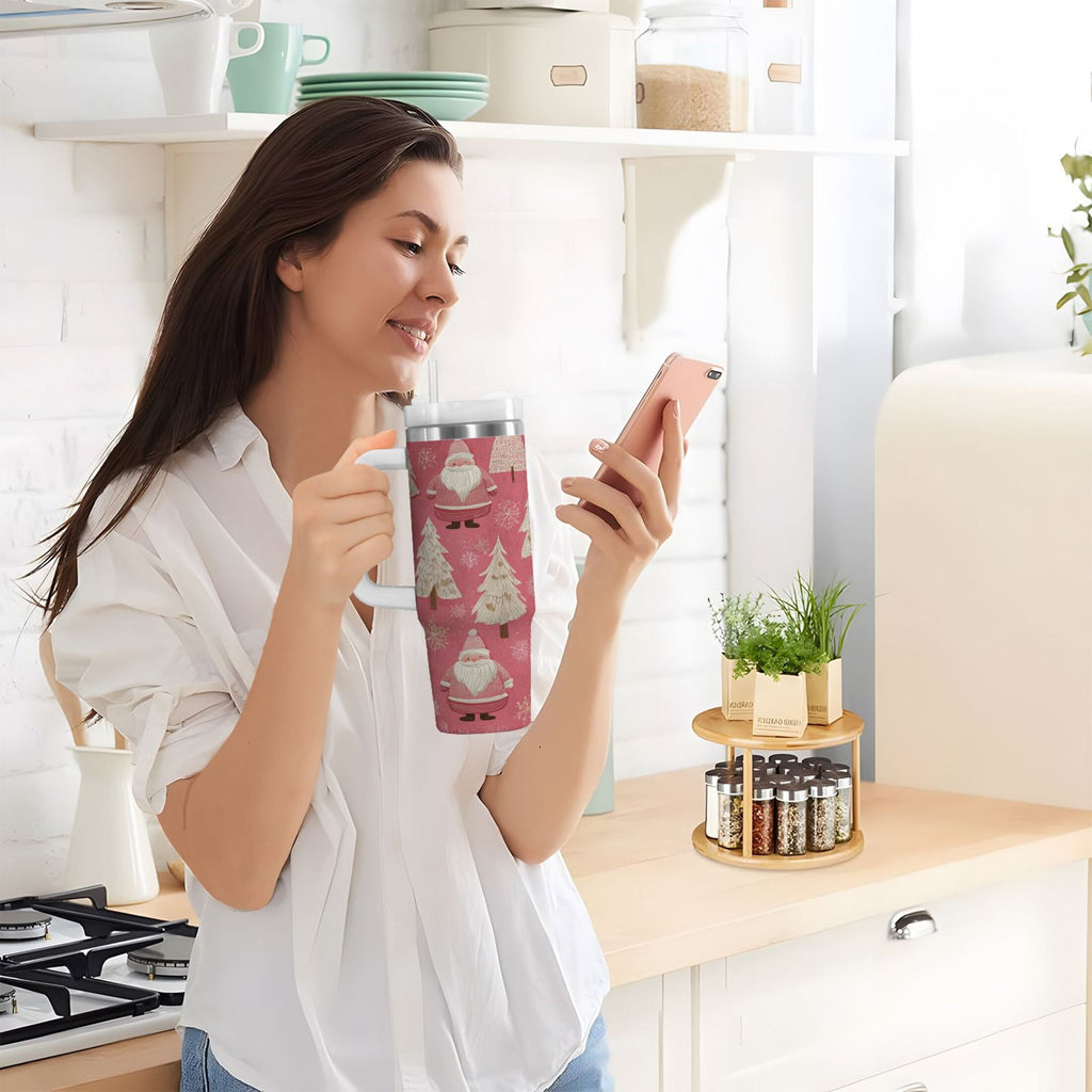 40 oz Insulated Stainless Steel Tumbler Double Wall Stainless Steel Tumbler with 2-Way Drinking Pink Santa Claus Pattern C527W
