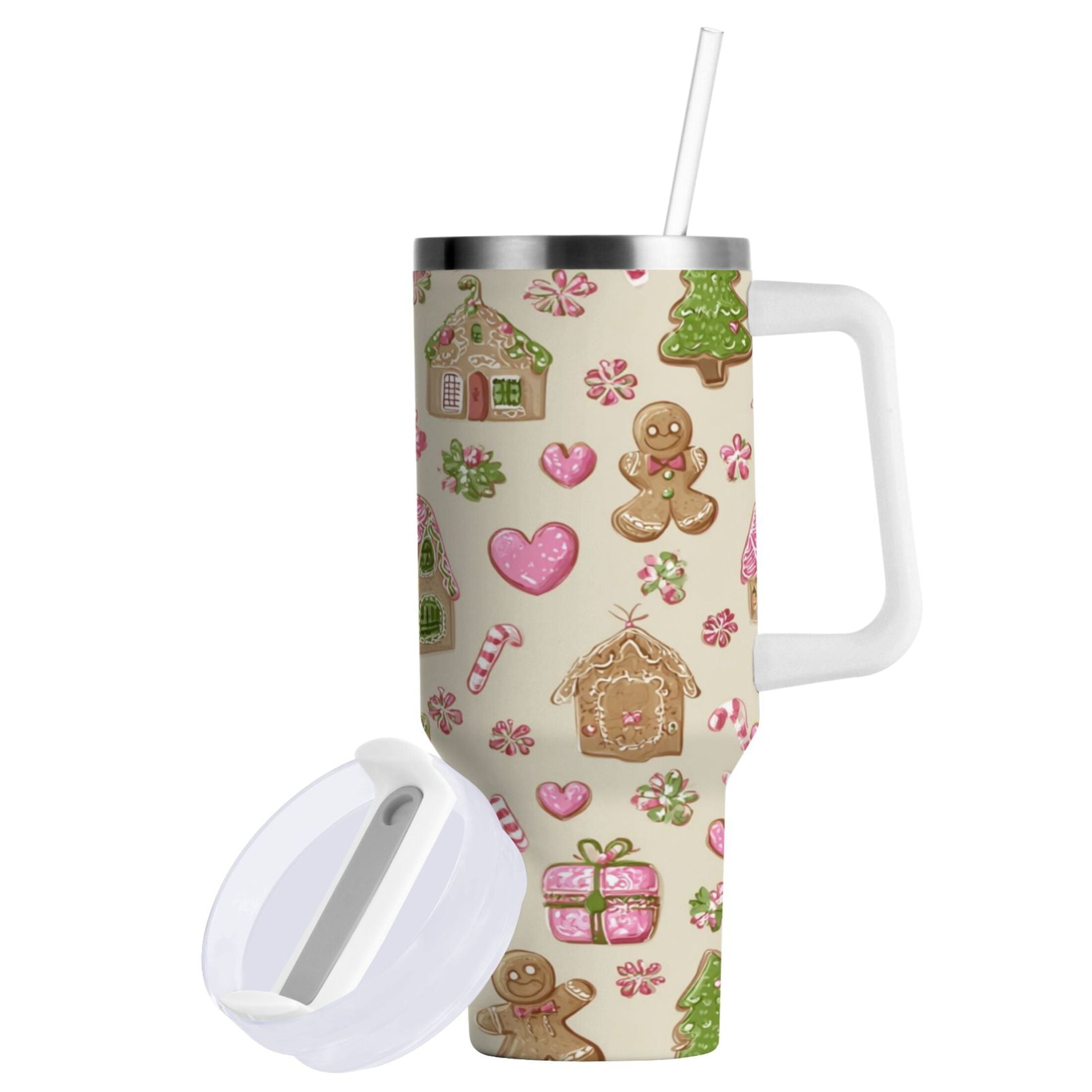 40 oz Insulated Stainless Steel Tumbler Double Wall Stainless Steel Tumbler with 2-Way Drinking Pink Cute Christmas Pattern C564U