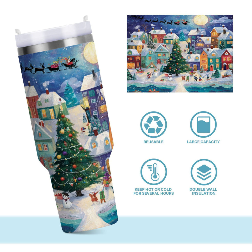 30 oz Insulated Stainless Steel Tumbler Double Wall Stainless Steel Tumbler with 2-Way Drinking Charming Christmas Scene C546C