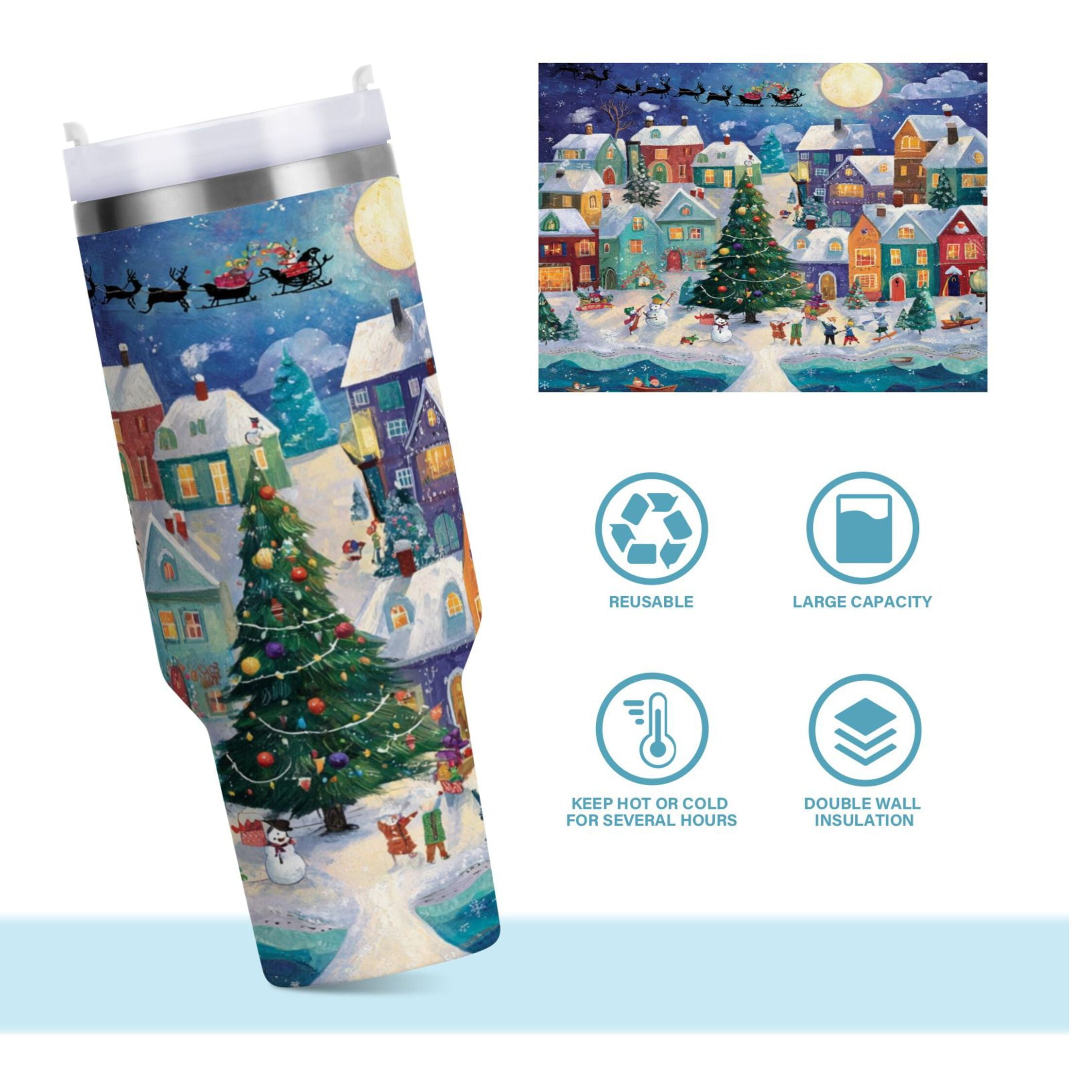 30 oz Insulated Stainless Steel Tumbler Double Wall Stainless Steel Tumbler with 2-Way Drinking Charming Christmas Scene C546C