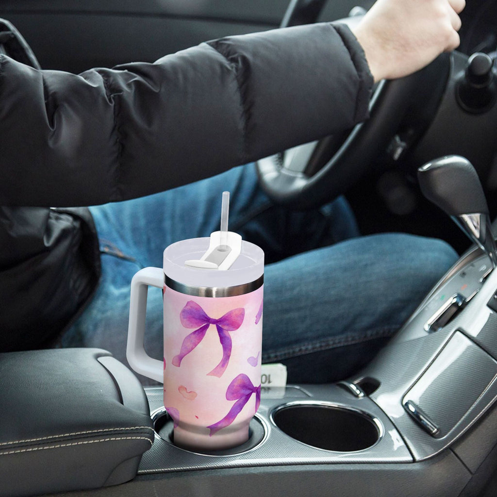 30 oz Insulated Stainless Steel Tumbler Double Wall Stainless Steel Tumbler with 2-Way Drinking Watercolor Purple Bows C591J