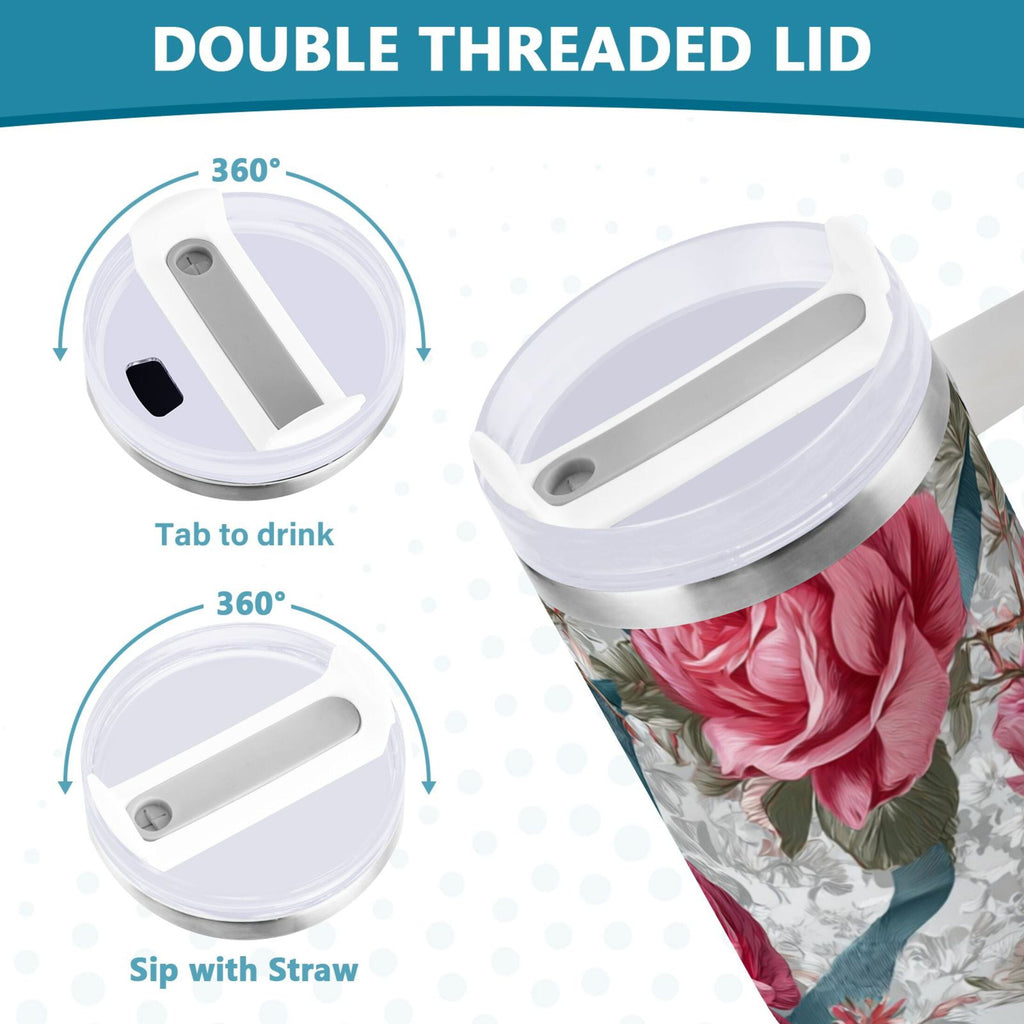 30 oz Insulated Stainless Steel Tumbler Double Wall Stainless Steel Tumbler with 2-Way Drinking Roses and Ribbons C675M