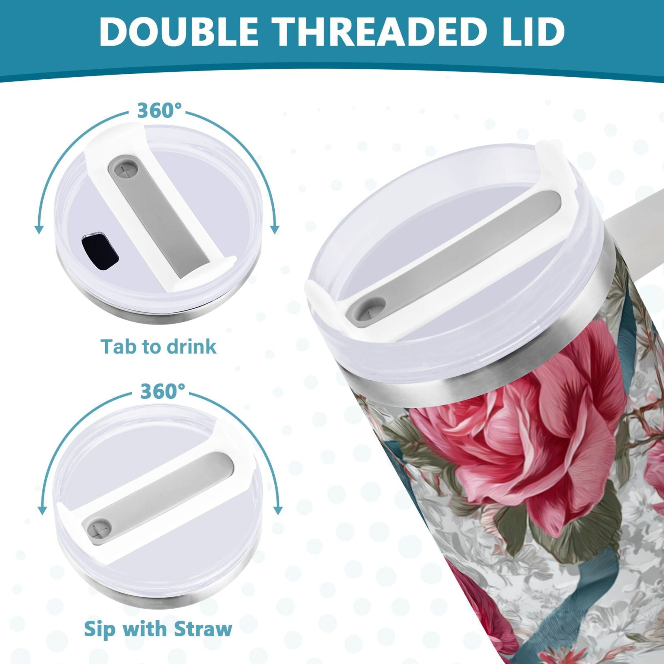 30 oz Insulated Stainless Steel Tumbler Double Wall Stainless Steel Tumbler with 2-Way Drinking Roses and Ribbons C675M